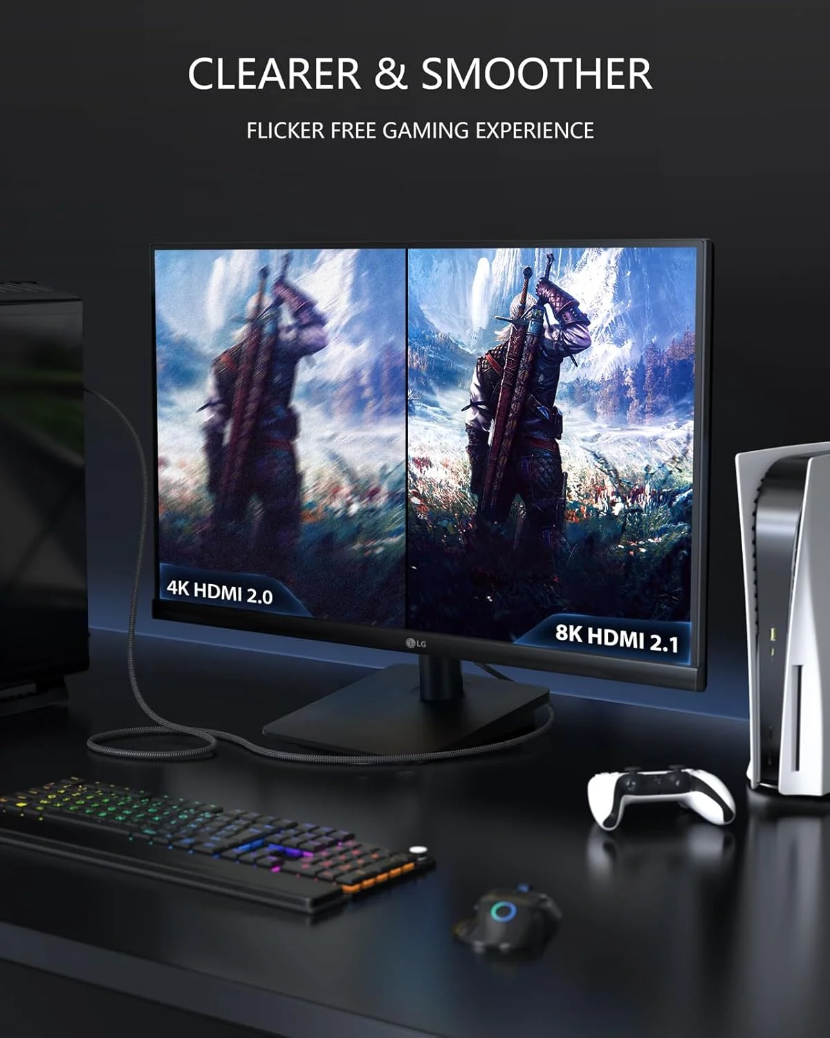 کابل HDMI استوچی 10K 8K با سرعت 48 گیگابیت بر ثانیه (دارای گواهی) کابل HDMI® فوق العاده پرسرعت، 8K60Hz 4K120Hz 144Hz eARC HDCP 2.2&2.3 HDR10+ سازگار با PS5 PlayStation 5 Xbox Series X Apple TV 4K