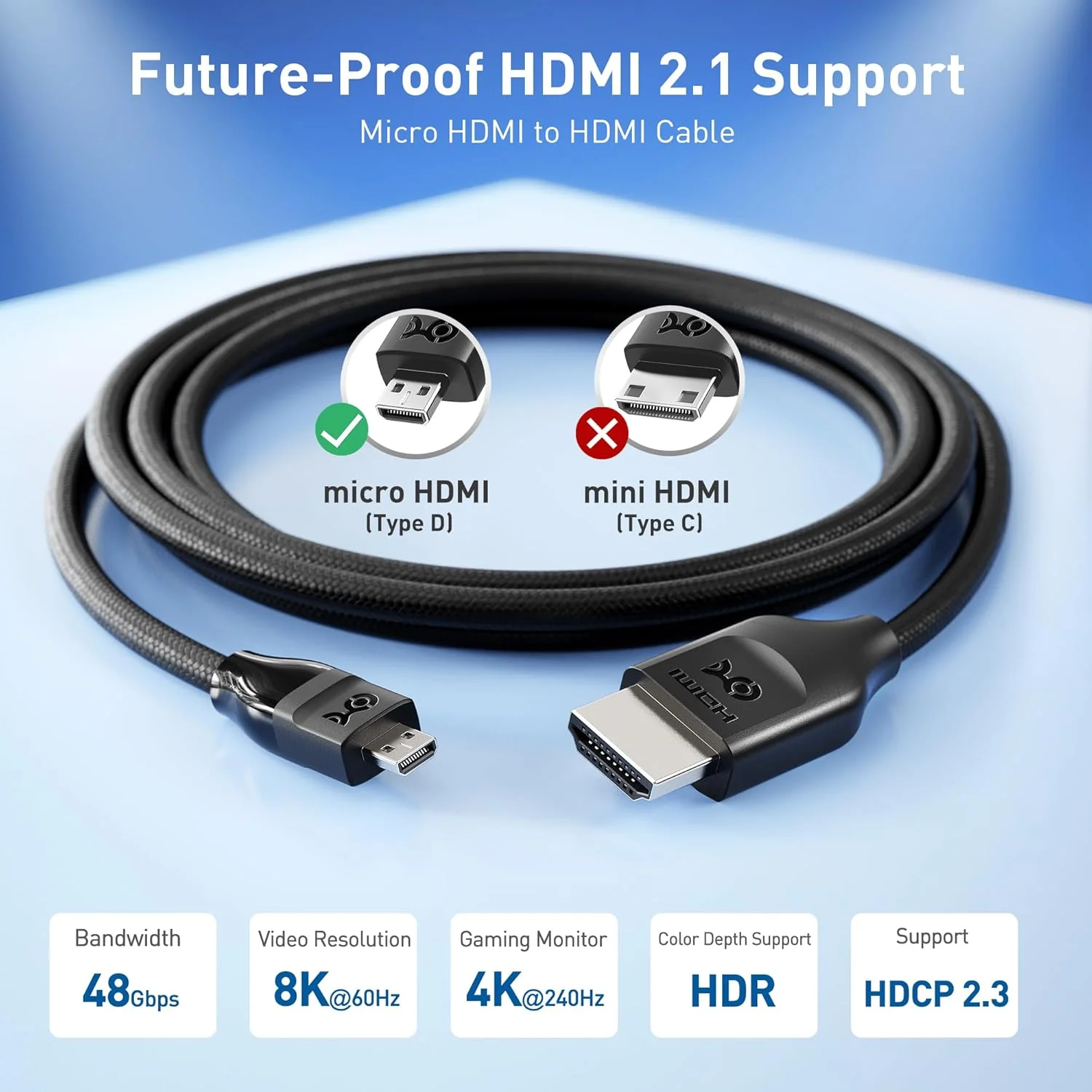 کابل Micro HDMI به HDMI 2.1 با سرعت 48 گیگابیت بر ثانیه و پشتیبانی از 8K@60Hz / 4K@240Hz با HDR، طول 2 متر، مناسب برای دوربین دیجیتال، تبلت و لپ تاپ