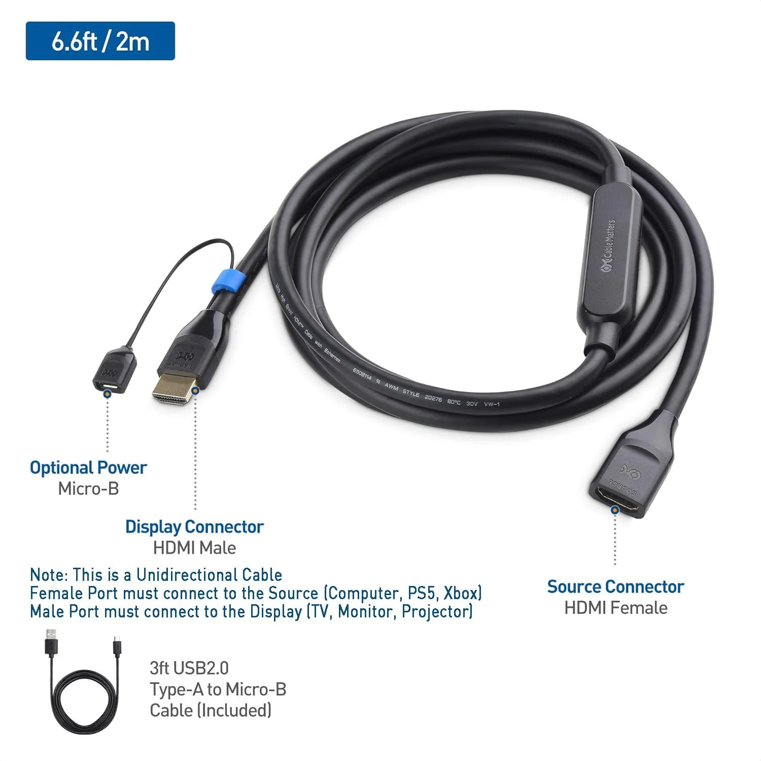 کابل افزایش طول HDMI یک طرفه 8K کیبل مترز 2 متری (کابل افزایش طول HDMI نر به ماده) با پشتیبانی از 8K@60Hz، 4K@240Hz و HDR برای PS5، Xbox Series X/S