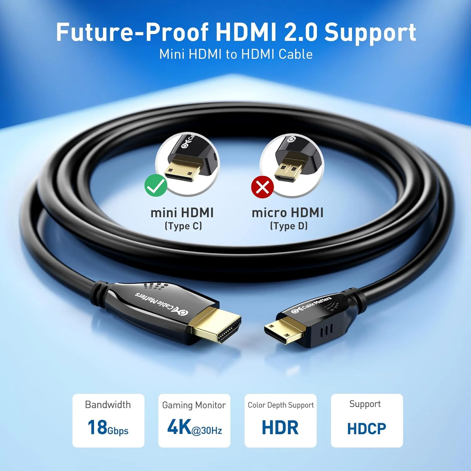 کابل مینی HDMI به HDMI پرسرعت Cable Matters 4K - طول 7.5 متر، HDMI2.0 مناسب برای تبلت ها، نیکون، سونی، کانن DSLR، رزبری پای زیرو