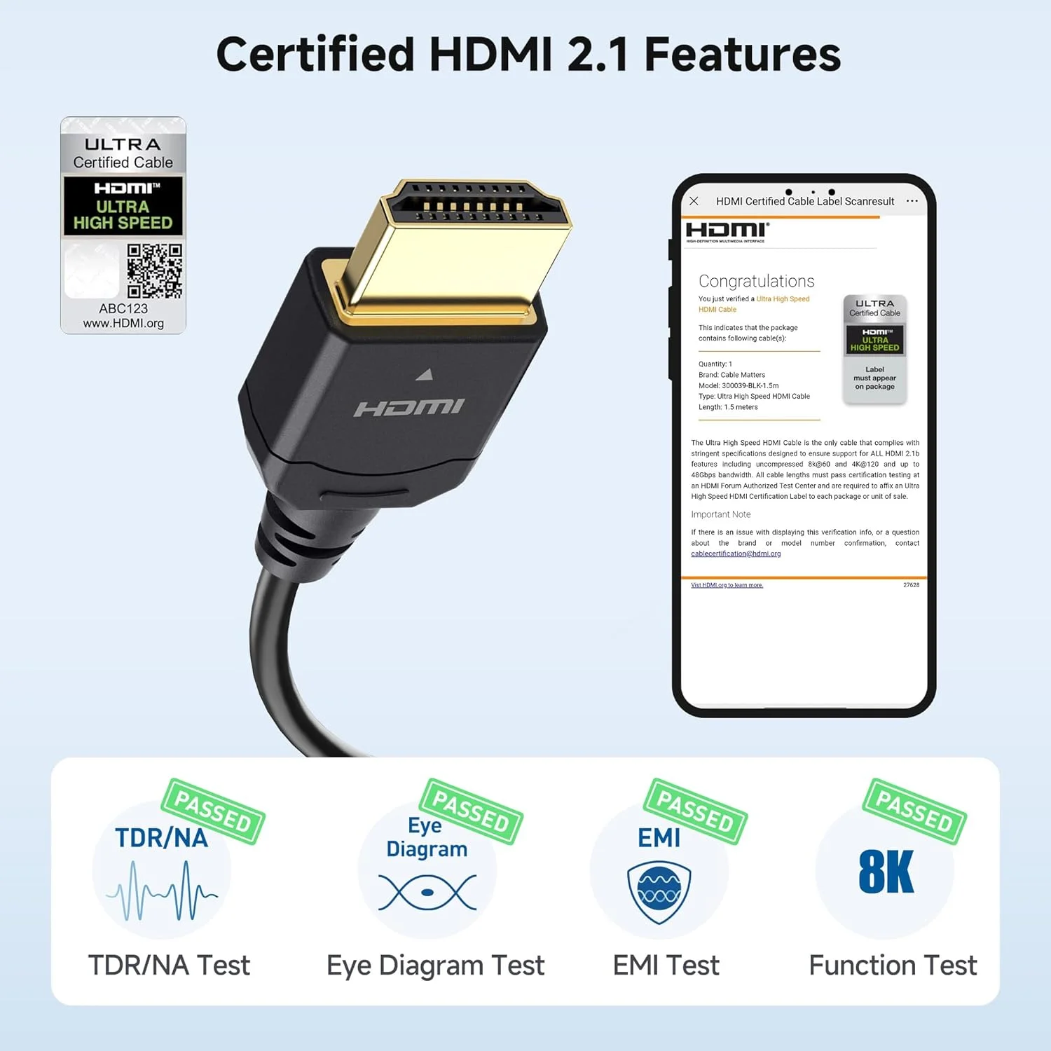کابل HDMI 2.1 فوق العاده باریک Cable Matters با سرعت 48 گیگابیت بر ثانیه - طول 1.5 متر، پشتیبانی از [8K@60Hz, 4K@240Hz, HDR & Dolby Vision]، کابل HDMI2.1 باریک برای PS5، Xbox Series X/S، Apple TV