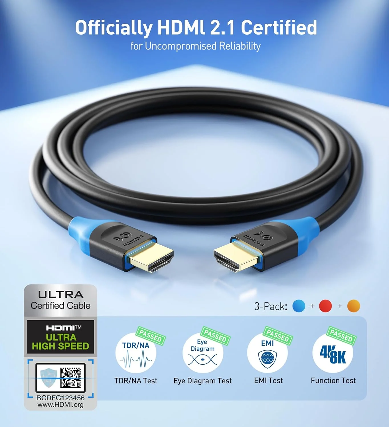 کابل های HDMI فوق العاده پرسرعت Cable Matters، بسته 3 عددی، 48 گیگابیت بر ثانیه، 8K، طول 2 متر، با پشتیبانی از 8K@60Hz، 4K@240Hz و HDR برای PS5، Xbox Series X/S، RTX3080/3090، RX 6800/6900، Apple TV