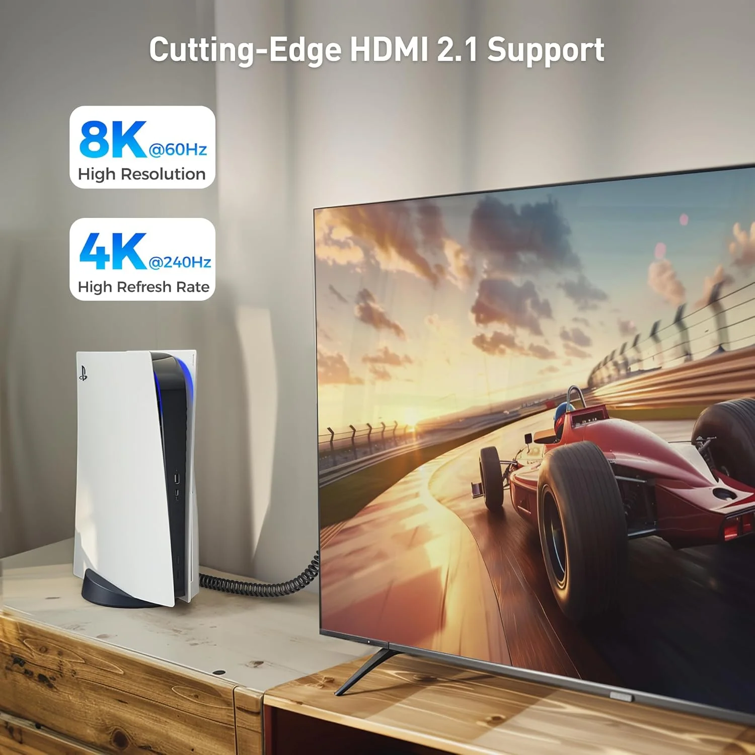کابل فنری HDMI 8K با سرعت 48 گیگابیت بر ثانیه، طول 30 تا 90 سانتی متر با پشتیبانی از 8K@60Hz، 4K@240Hz و HDR، کابل فنری HDMI برای PS5، Xbox Series X/S، RTX4080/4090، RX 7800/7900، Apple TV و غیره