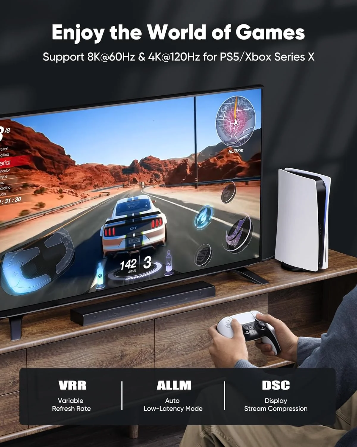 کابل HDMI 2.1 کپشی، 2 فوت، 8K 4K@120Hz، سرعت بالا 48 گیگابیت بر ثانیه، مناسب برای PS5/4، تلویزیون، کنسول بازی، مانیتور، 8K@60Hz، 2K@240Hz، 144Hz، پشتیبانی از HDR، eARC، DTS:X، HDCP 2.2 & 2.3، بافته شده، خاکستری