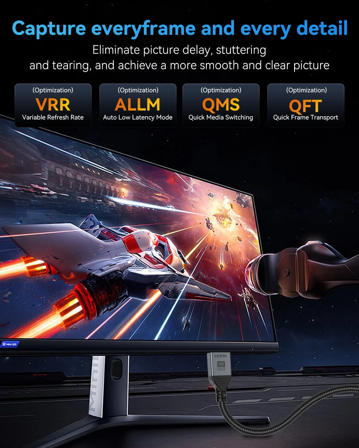 کابل HDMI شانزده هزار K با سرعت 96 گیگابیت بر ثانیه، 3 متر، کابل HDMI 2.2 فوق العاده پرسرعت 16K@60Hz 8K@120Hz 4K@480Hz HDCP 2.2&2.3، HDR پویا، eARC، DTS:X، سازگار با Roku TV/HDTV/PS5/Blu-ray/پروژکتور