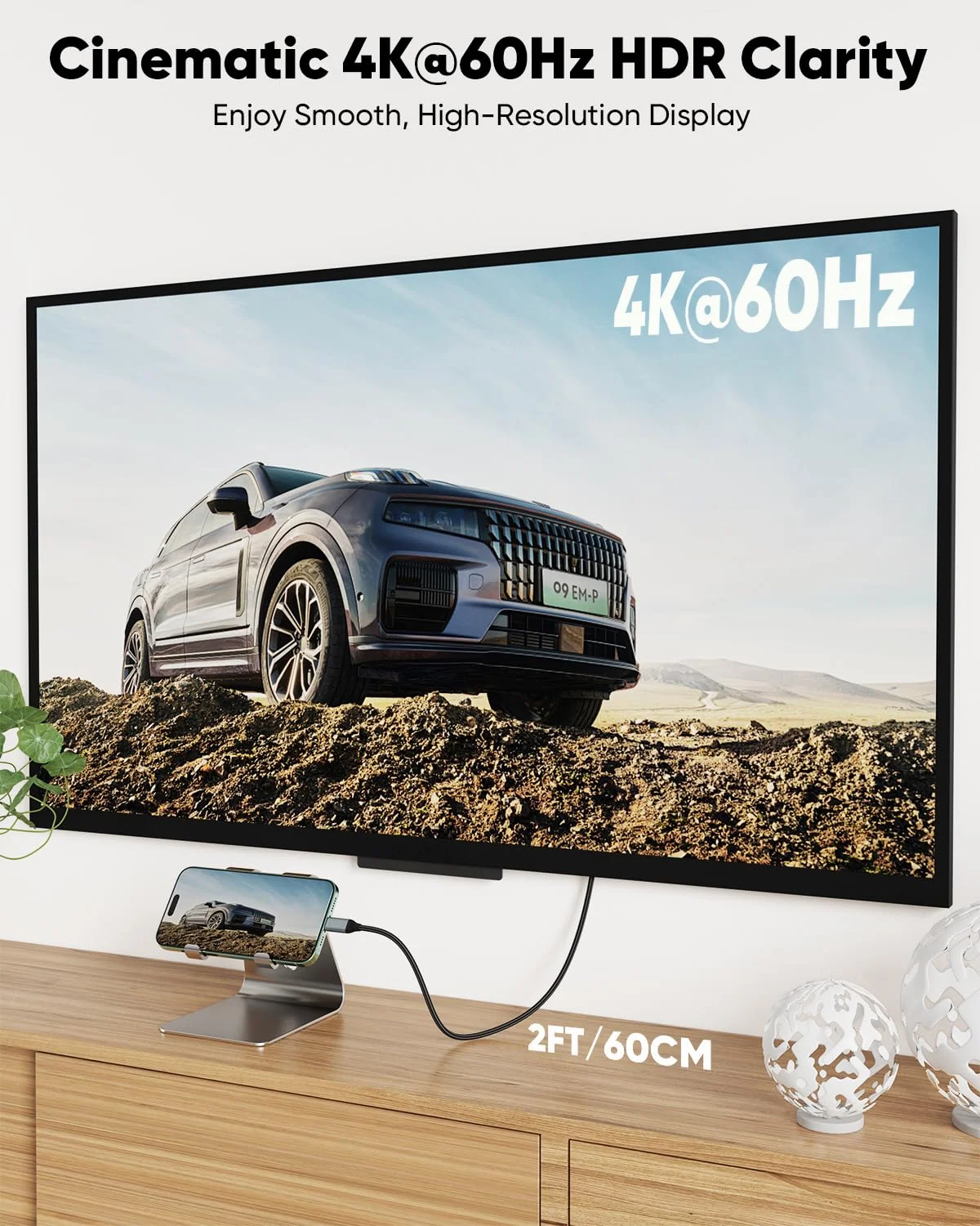 کابل کوتاه USB C به HDMI طول 60 سانتی متر، سرعت بالا 4K@60Hz، سازگار با Thunderbolt 3/4/5، MacBook Pro/Air، iPad Pro، Mac mini، iPhone 16/15، Galaxy 25