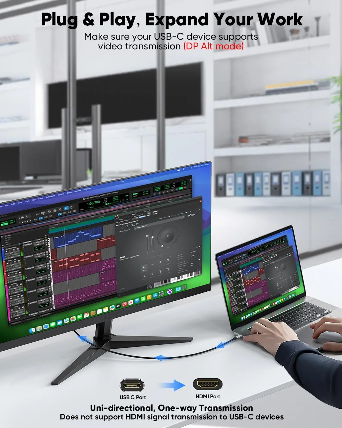 کابل کوتاه USB C به HDMI طول 60 سانتی متر، سرعت بالا 4K@60Hz، سازگار با Thunderbolt 3/4/5، MacBook Pro/Air، iPad Pro، Mac mini، iPhone 16/15، Galaxy 25