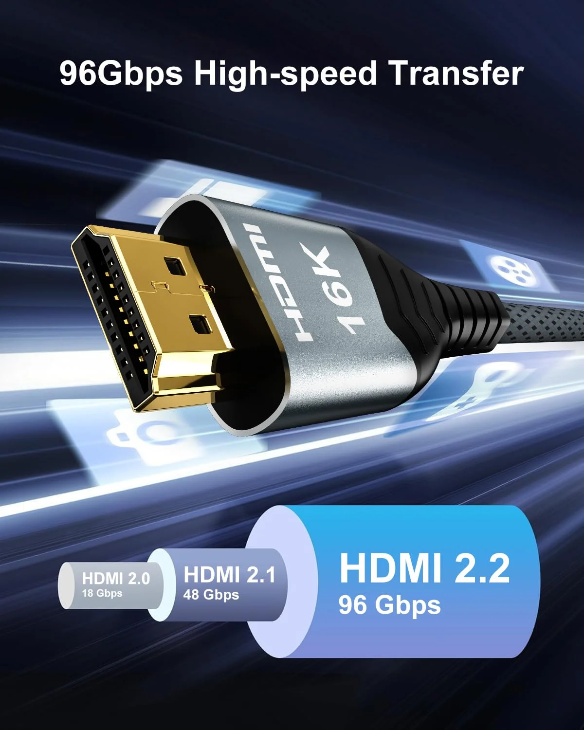 کابل HDMI 2.2 با سرعت فوق العاده بالا 96 گیگابیت بر ثانیه، 2 متری، پشتیبانی از 4K@480Hz و 8K@240Hz، HDCP 2.2 و 2.3، HDR پویا، eARC، DTS:X، سازگار با Roku TV/HDTV/PS5/Blu-ray
