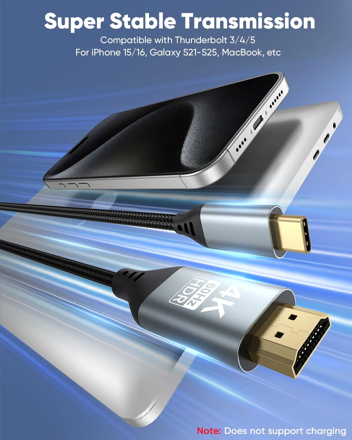 کابل کوتاه USB C به HDMI طول 60 سانتی متر، سرعت بالا 4K@60Hz، سازگار با Thunderbolt 3/4/5، MacBook Pro/Air، iPad Pro، Mac mini، iPhone 16/15، Galaxy 25