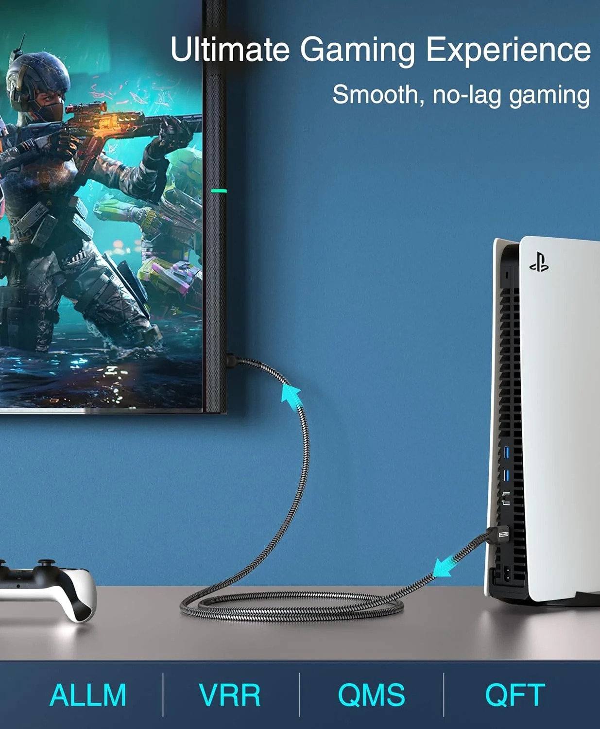 کابل HDMI بلو ریگر 8K (4.5 متری، 8K 60Hz HDR، سرعت بالا 48 گیگابیت بر ثانیه، کابل بافته شده HDMI، eArc, HDCP 2.3) - سازگار با PS5، Xbox، Roku، Apple TV، HDTV، Blu-ray، PC