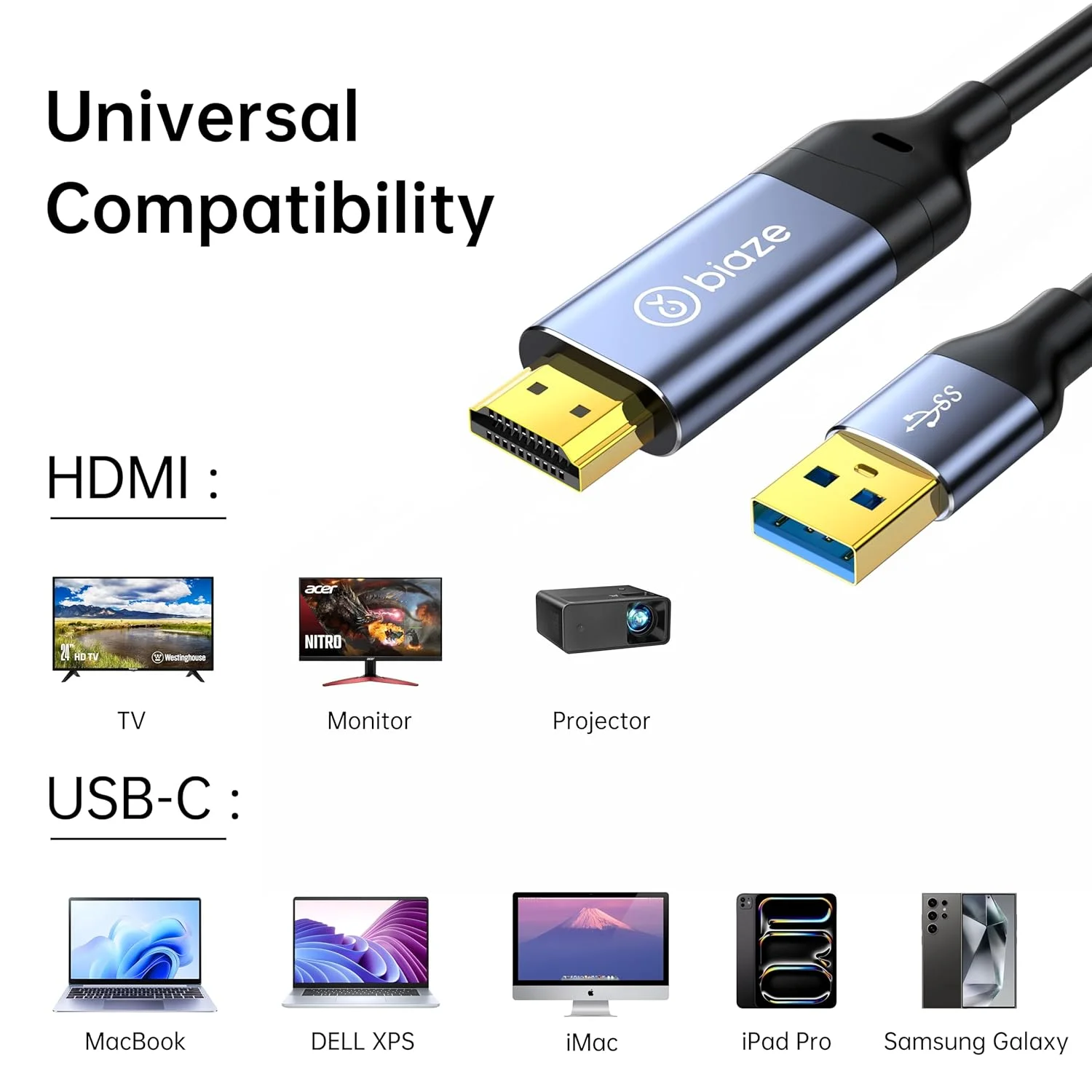 کابل USB 3.0 به HDMI پنج فوتی، 1080P 60Hz 5Gbps سرعت بالا برای اتصال لپ تاپ/کامپیوتر/PS5/Xbox/Switch به تلویزیون/مانیتور/پروژکتور، انعکاس صفحه نمایش و توسعه نمایشگر (USB به HDMI) کابل USB 3.0 به HDMI پنج فوتی، 1080P 60Hz 5Gbps سرعت بالا برای اتصال لپ تاپ/کامپیوتر/PS5/Xbox/Switch به تلویزیون/مانیتور/پروژکتور، انعکاس صفحه نمایش و توسعه نمایشگر (USB به HDMI)