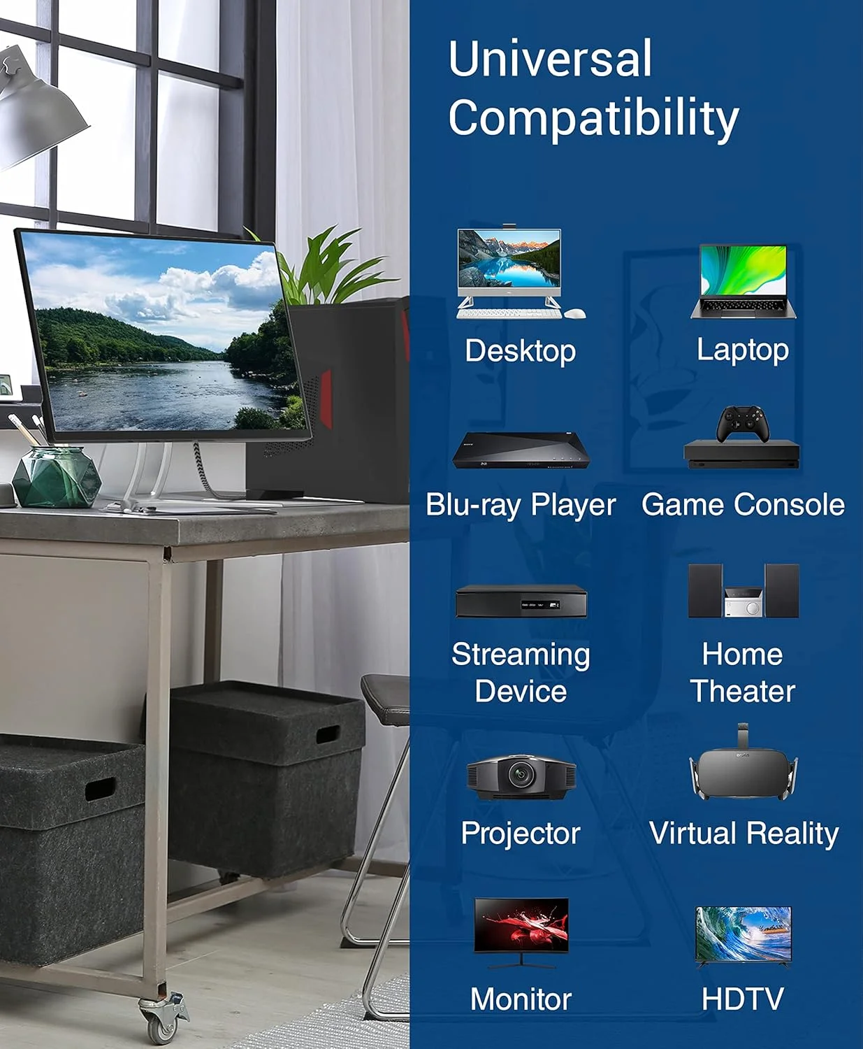 کابل HDMI بلو ریگر 8K (4.5 متری، 8K 60Hz HDR، سرعت بالا 48 گیگابیت بر ثانیه، کابل بافته شده HDMI، eArc, HDCP 2.3) - سازگار با PS5، Xbox، Roku، Apple TV، HDTV، Blu-ray، PC