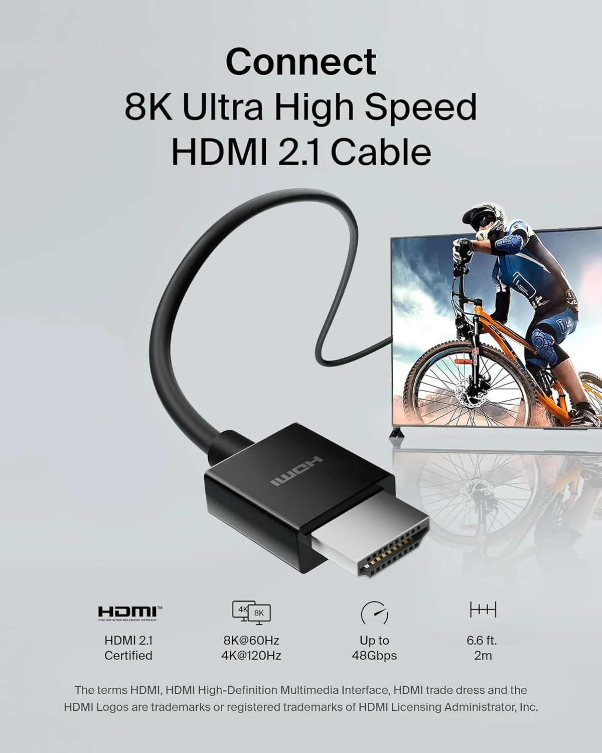 کابل HDMI 2.1 بلکین Ultra HD، طول 2 متر، کابل HDMI فوق العاده پرسرعت 4K، سیم HDMI 2.1 با سرعت 48 گیگابیت بر ثانیه، Dolby Vision HDR و 8K با نرخ 60 هرتز، پخش 10K - سازگار با Playstation، PS4، PS5، Xbox Series X و غیره