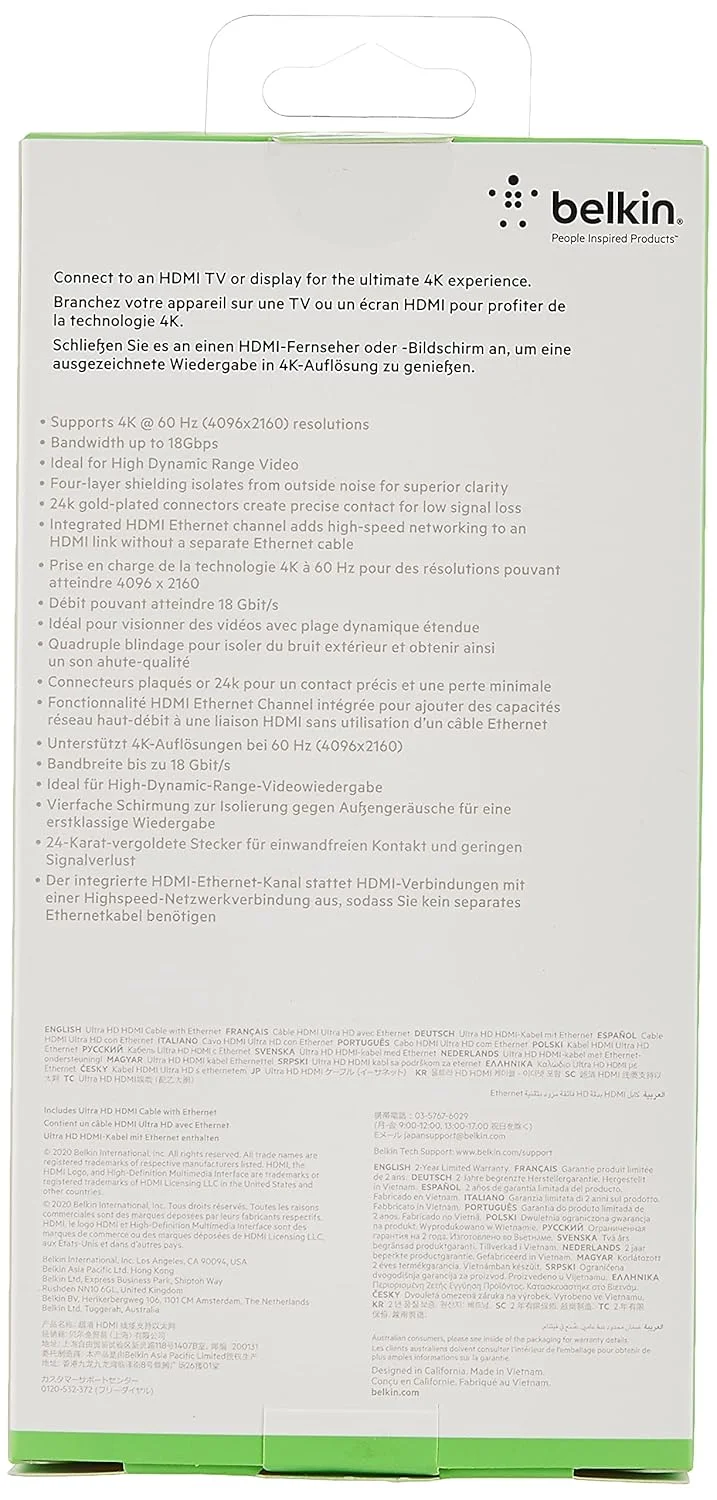 کابل HDMI پرسرعت بلکین HDTV با اترنت، سازگار با 4K / Ultra HD (1 متر)