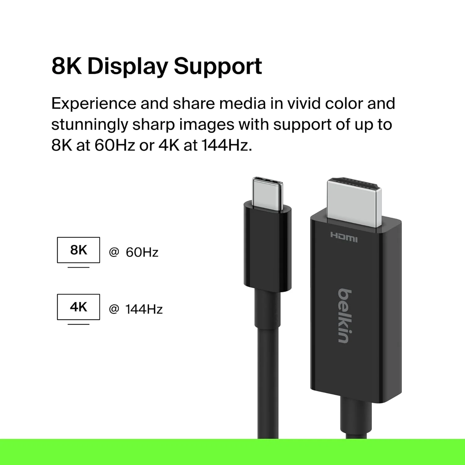 کابل USB Type C به HDMI 2.1 بلکین، کابل 2 متری با رزولوشن 8K@60Hz، 4K@144Hz، HDR، HBR3، DSC، HDCP 2.2، سازگار با Chromebook، MacBook، iPad Pro و سایر دستگاه های USB C