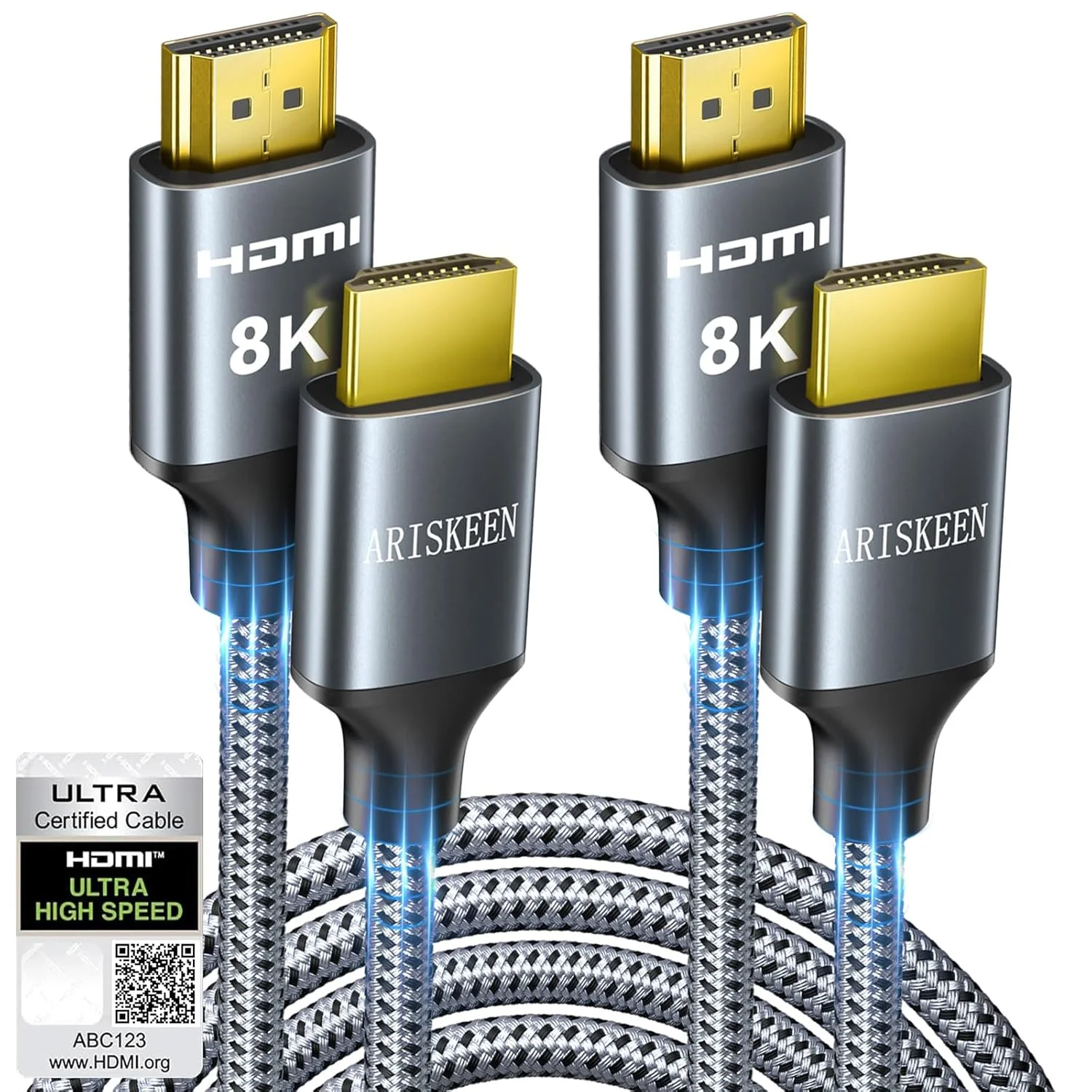 کابل HDMI 8K آریسکین، طول 1.8 متر، بسته 2 عددی، کابل HDMI 2.1 پرسرعت 48 گیگابیت بر ثانیه، پشتیبانی از 8K 60Hz، 4K 120Hz 144Hz برای HDR 10، HDCP 2.2 2.3، eARC، DTS:X، کابل HDMI بافته شده سازگار با لپ تاپ/HDTV - طول 1.8 متر