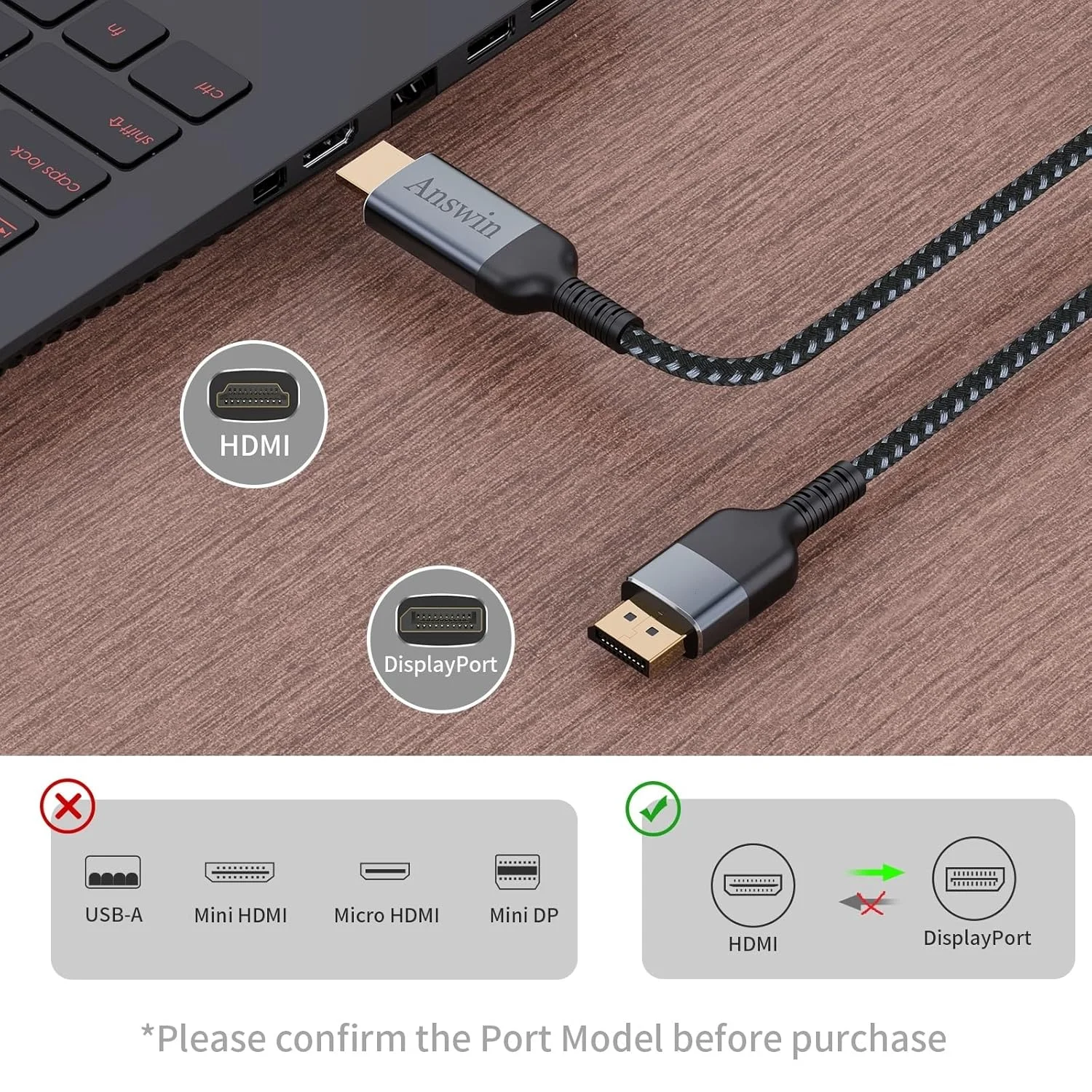 کابل یک طرفه HDMI به Displayport 4K@60Hz فعال، سازگار با Xbox One/360/NS/PS4/PS5/Mac Mini، اتصال PC به مانیتور DP 2K@120Hz - طول 1.8 متر