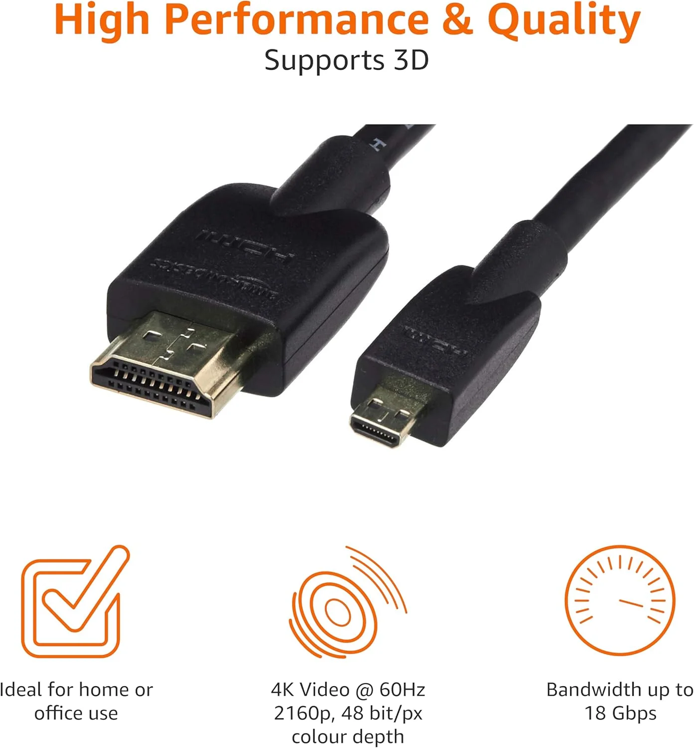 کابل تبدیل میکرو HDMI به HDMI آمازون بیسیکس، سرعت بالا 18 گیگابیت بر ثانیه، 4K@60Hz، 2160p، رنگ 48 بیتی، آماده برای اترنت، 6 فوت، مشکی