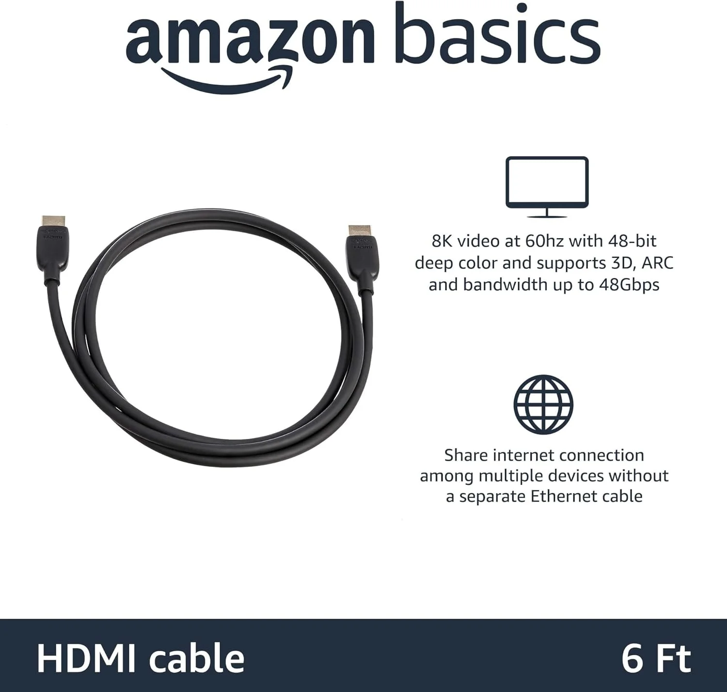 کابل HDMI آمازون بیسیکس، 1.8 متر، کابل HDMI 2.1 به HDMI (48 گیگابیت بر ثانیه)، 8K@60Hz 4K@120Hz دارای گواهی سرعت فوق العاده بالا، مشکی، سازگار با PS5/Xbox/TV/مانیتور