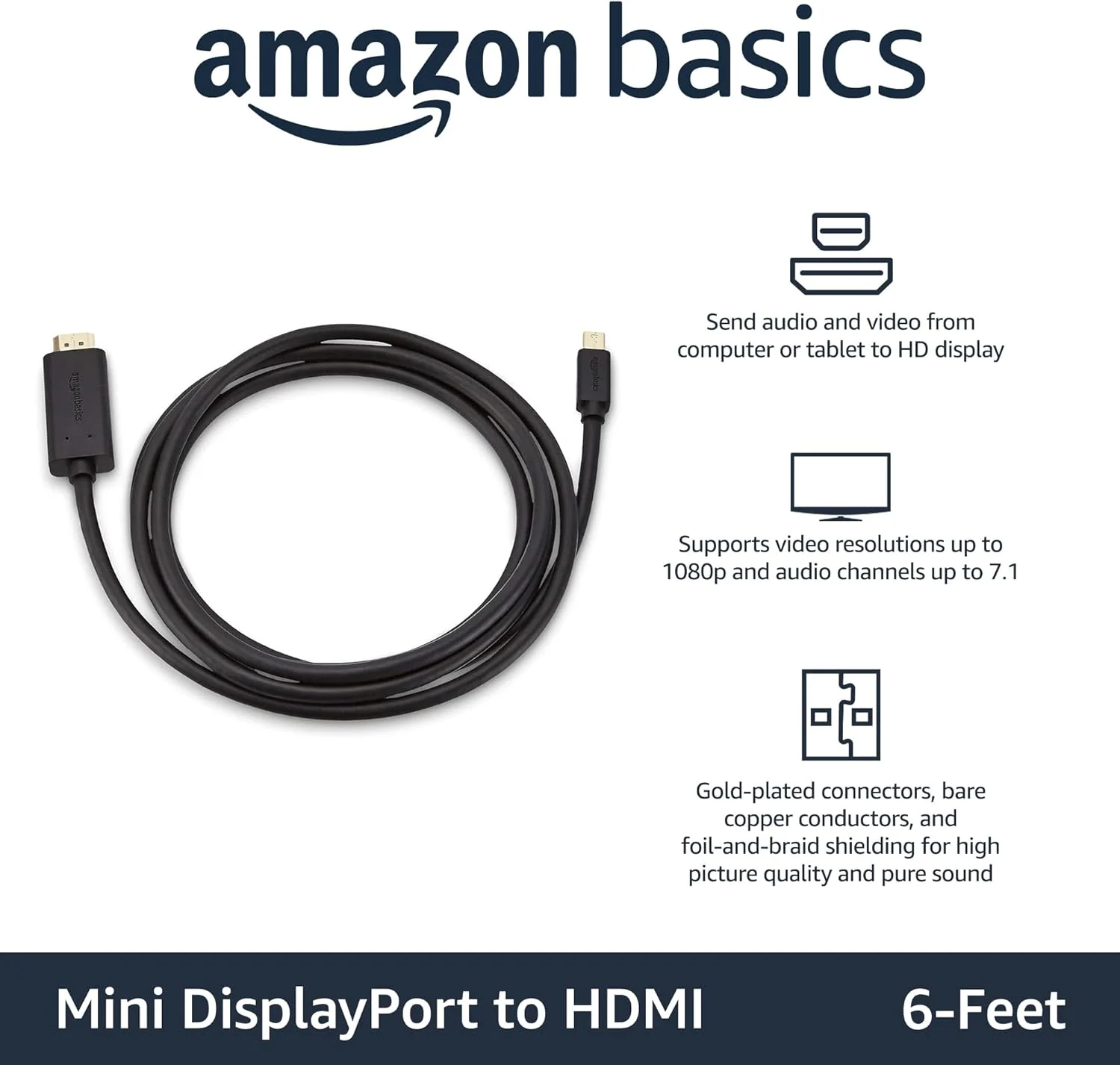 کابل مبدل Mini DisplayPort نر به HDMI نر آمازون بیسیکس، 1080p، روکش طلا، 1.8 متر، مشکی برای کامپیوتر شخصی کابل مبدل Mini DisplayPort نر به HDMI نر آمازون بیسیکس، 1080p، روکش طلا، 1.8 متر، مشکی برای کامپیوتر شخصی
