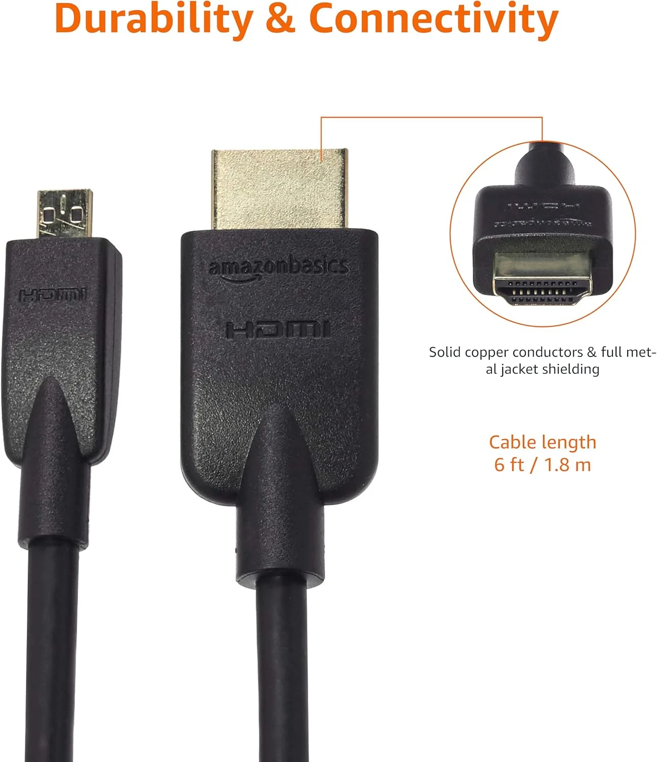 کابل تبدیل میکرو HDMI به HDMI آمازون بیسیکس، سرعت بالا 18 گیگابیت بر ثانیه، 4K@60Hz، 2160p، رنگ 48 بیتی، آماده برای اترنت، 6 فوت، مشکی
