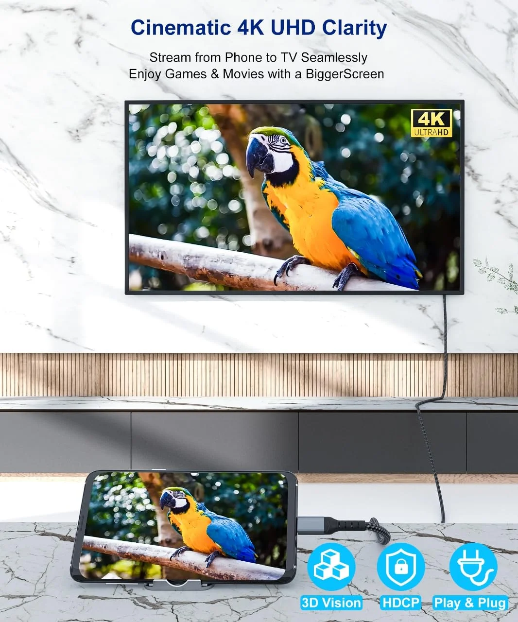 کابل USB C به HDMI با طول 4.5 متر، دارای روکش طلایی مقاوم در برابر تداخل، کابل آلومینیومی Type-C به HDMI، سازگار با Thunderbolt 3 & 4 برای MacBook، iMac، iPad Pro، Galaxy، Surface، Dell، HP