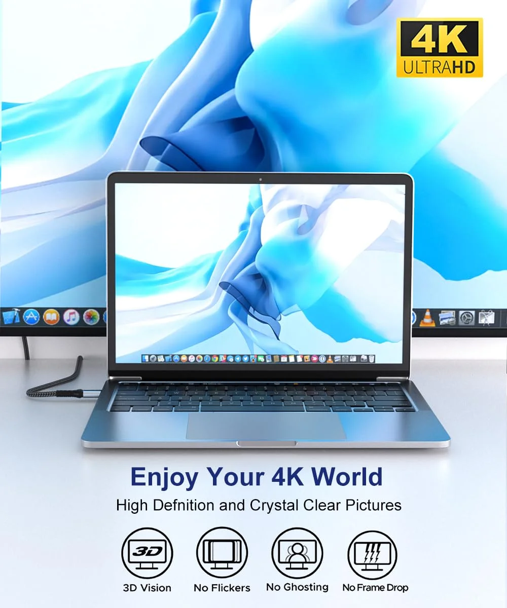 کابل USB C به HDMI با طول 4.5 متر، دارای روکش طلایی مقاوم در برابر تداخل، کابل آلومینیومی Type-C به HDMI، سازگار با Thunderbolt 3 & 4 برای MacBook، iMac، iPad Pro، Galaxy، Surface، Dell، HP