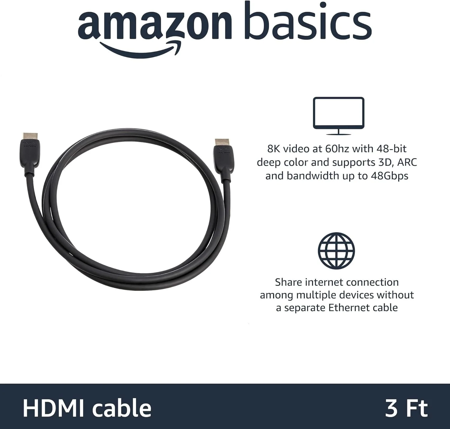 کابل HDMI آمازون بیسیکس، 90 سانتی متر، کابل HDMI 2.1 به HDMI (48 گیگابیت بر ثانیه)، 8K@60Hz 4K@120Hz دارای گواهی سرعت فوق العاده بالا، مشکی، سازگار با PS5/Xbox/TV/مانیتور
