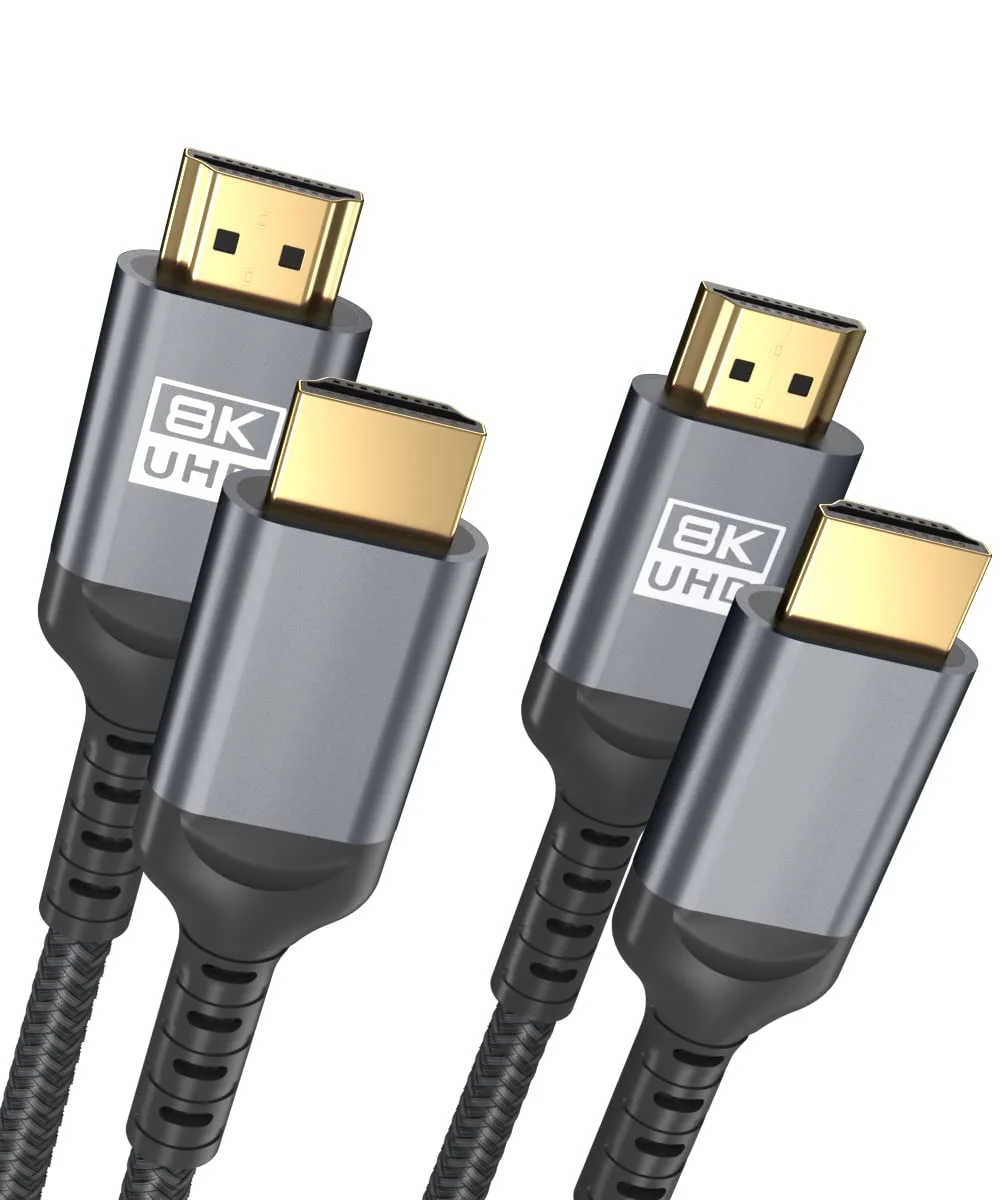 کابل HDMI 8K، سرعت فوق العاده بالا 48 گیگابیت بر ثانیه، کابل HDMI 12 فوتی - 4K@120Hz 8K@120Hz، eARC، HDR10، DTS:X، HDCP 2.2 & 2.3، سازگار با PS4/5، Blu-ray، مانیتور، PC (خاکستری، 2 عدد)