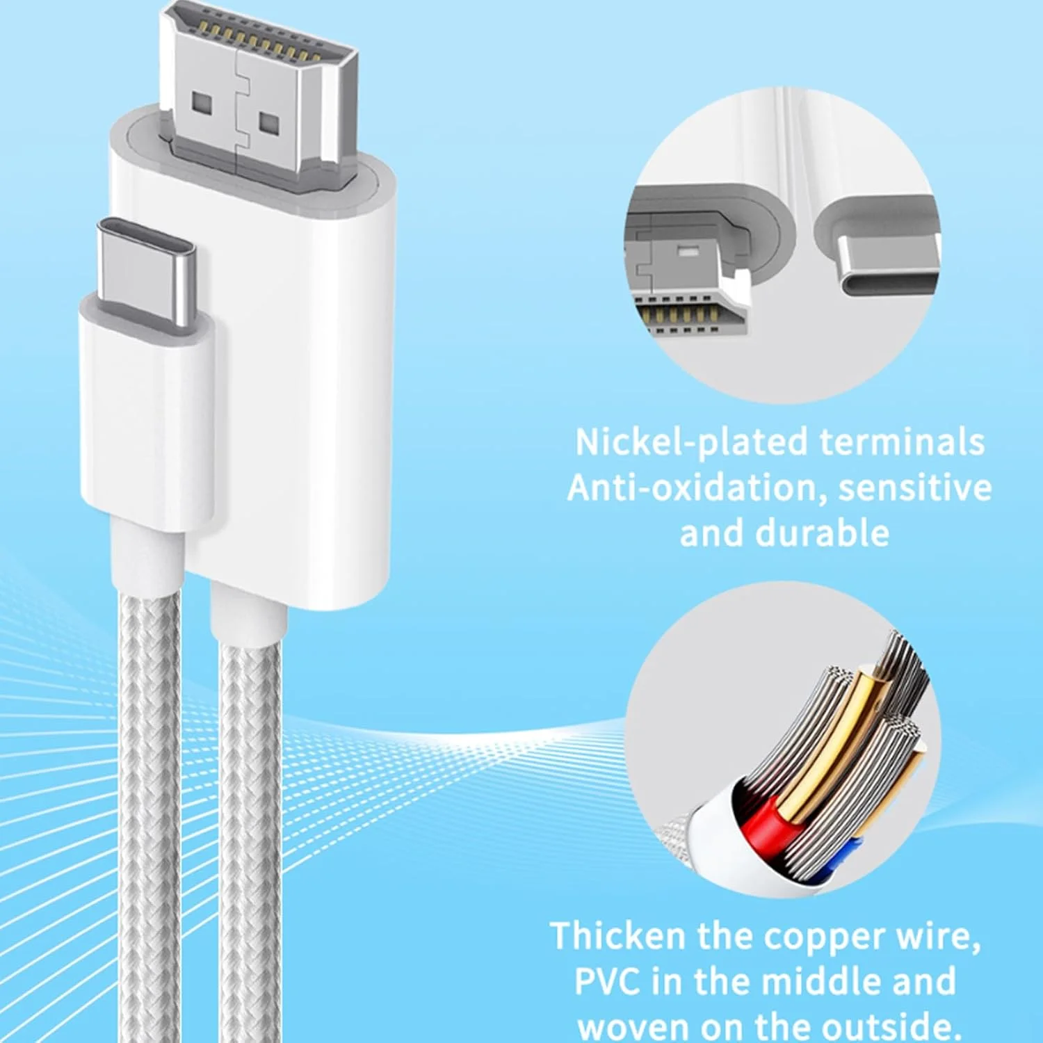 کابل USB-C به HDMI 4K 60HZ با روکش بافته شده سفید، سازگار با iPhone 17 16 15 iPad Air Pro Chromebook Pixelbook HP Spectre Galaxy Book 3 S23 Surface Laptop 5 ThinkPad T14 Lenovo