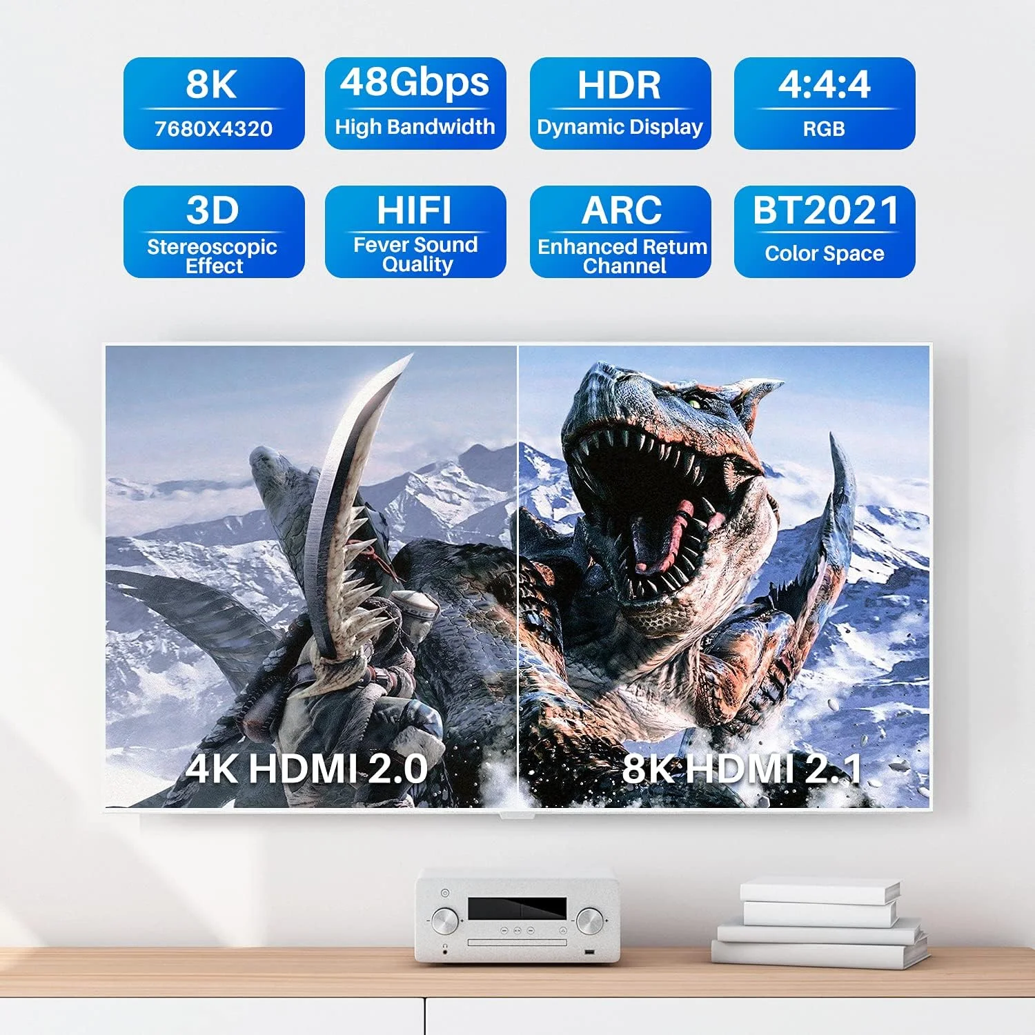 کابل HDMI 2.1 ادورین 8K (تایید شده) 3 متری، کابل HDMI بافته شده 48 گیگابیت بر ثانیه (1 تا 5 متر) برای 8K@60Hz 4K@120Hz 2K 1080P، HDR پویا، eARC HDCP2.2 سازگار با PS5، PS4، تلویزیون HD به همراه 5 بست کابل