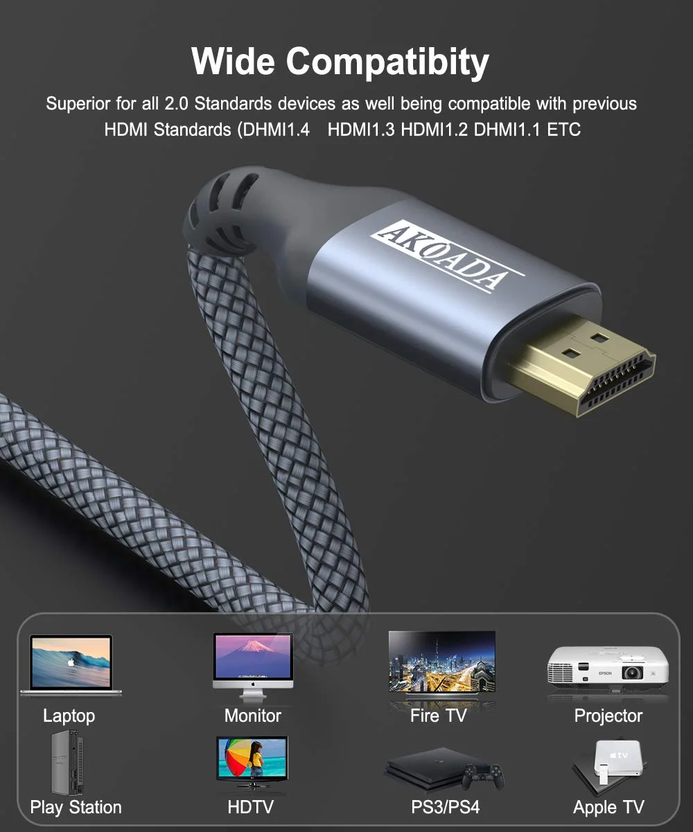 کابل HDMI آکودا 4K به طول 4.5 متر، کابل بافته شده HDMI 2.0 سرعت بالا 18 گیگابیت بر ثانیه، HDR 4K-60 هرتز، Ultra HD، 2K، 1080P، سازگار با ARC برای تلویزیون، کامپیوتر، PS5/4/3، پروژکتور، مانیتور و غیره.