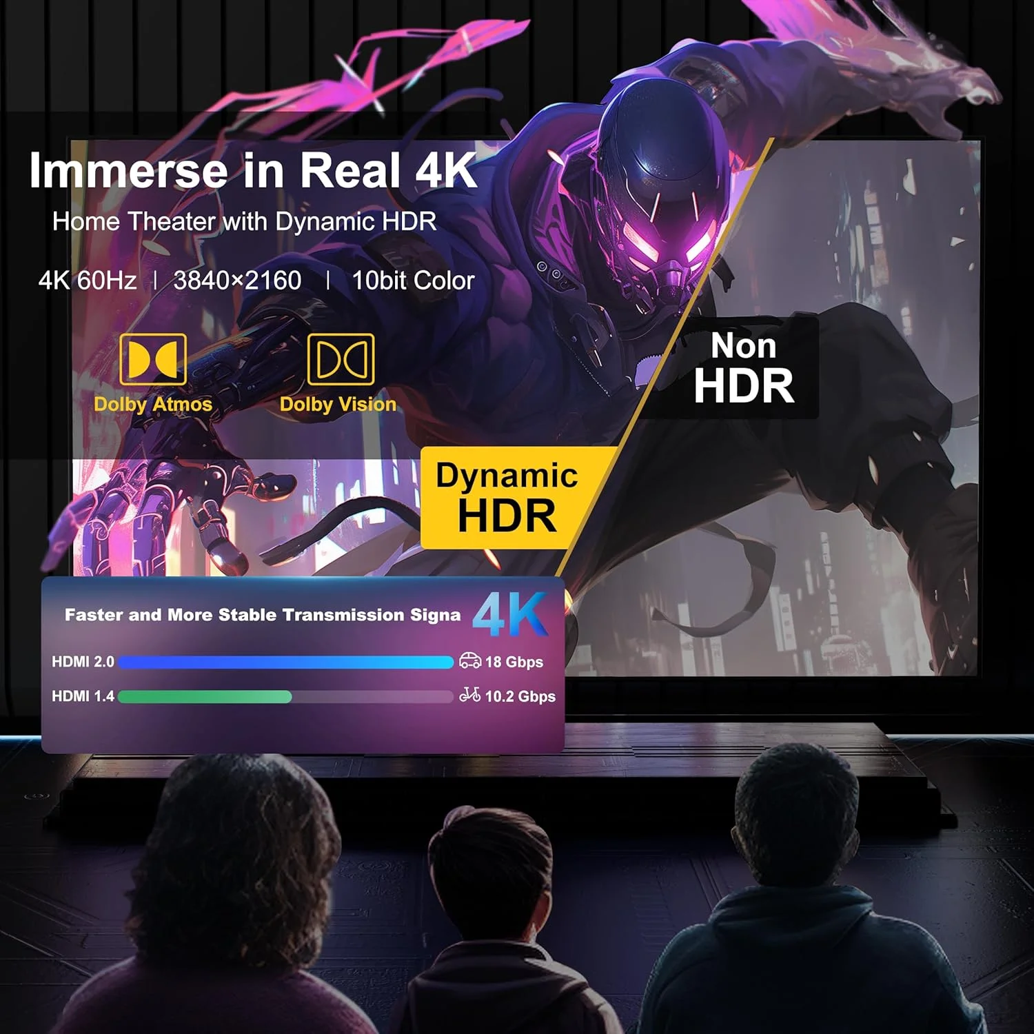 کابل فیبر نوری HDMI ۱۰۰ فوت، ۱۸ گیگابیت بر ثانیه، پشتیبانی از سرعت فوق العاده بالای 4K، 4K@60Hz(4:4:4 RGB) HDR10,HDCP2.2,eARC,3D,CEC یک طرفه فعال 2.0، محافظت در برابر تداخل، باریک و انعطاف پذیر