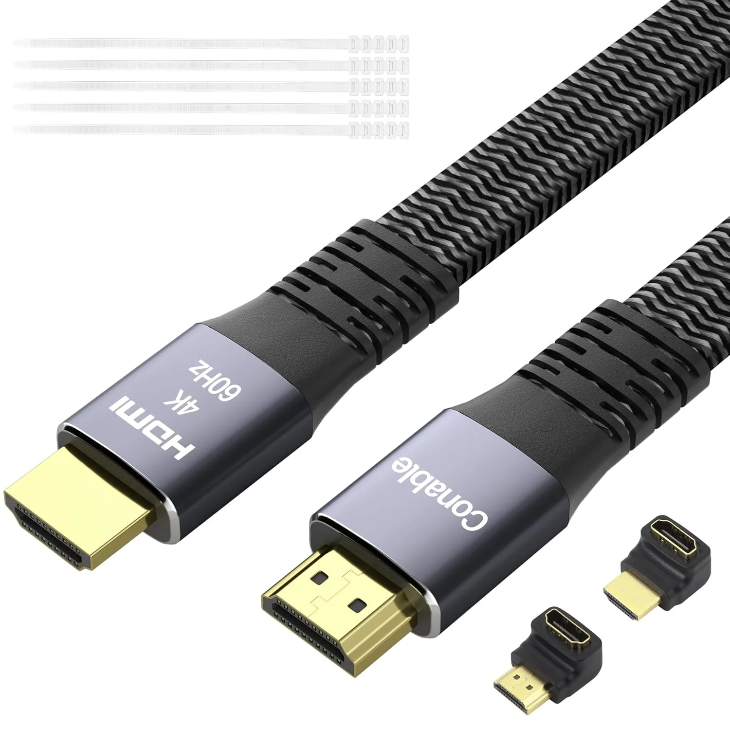 کابل HDMI تخت 7.6 متری، کابل بافته شده HDMI پرسرعت 4K، مس خالص، پشتیبانی از 4K@60Hz 2160p 1080p HDR HDCP 2.2 ARC Full 3D (همراه با 25 بست و 2 آداپتور HDMI) - 7.6 متر