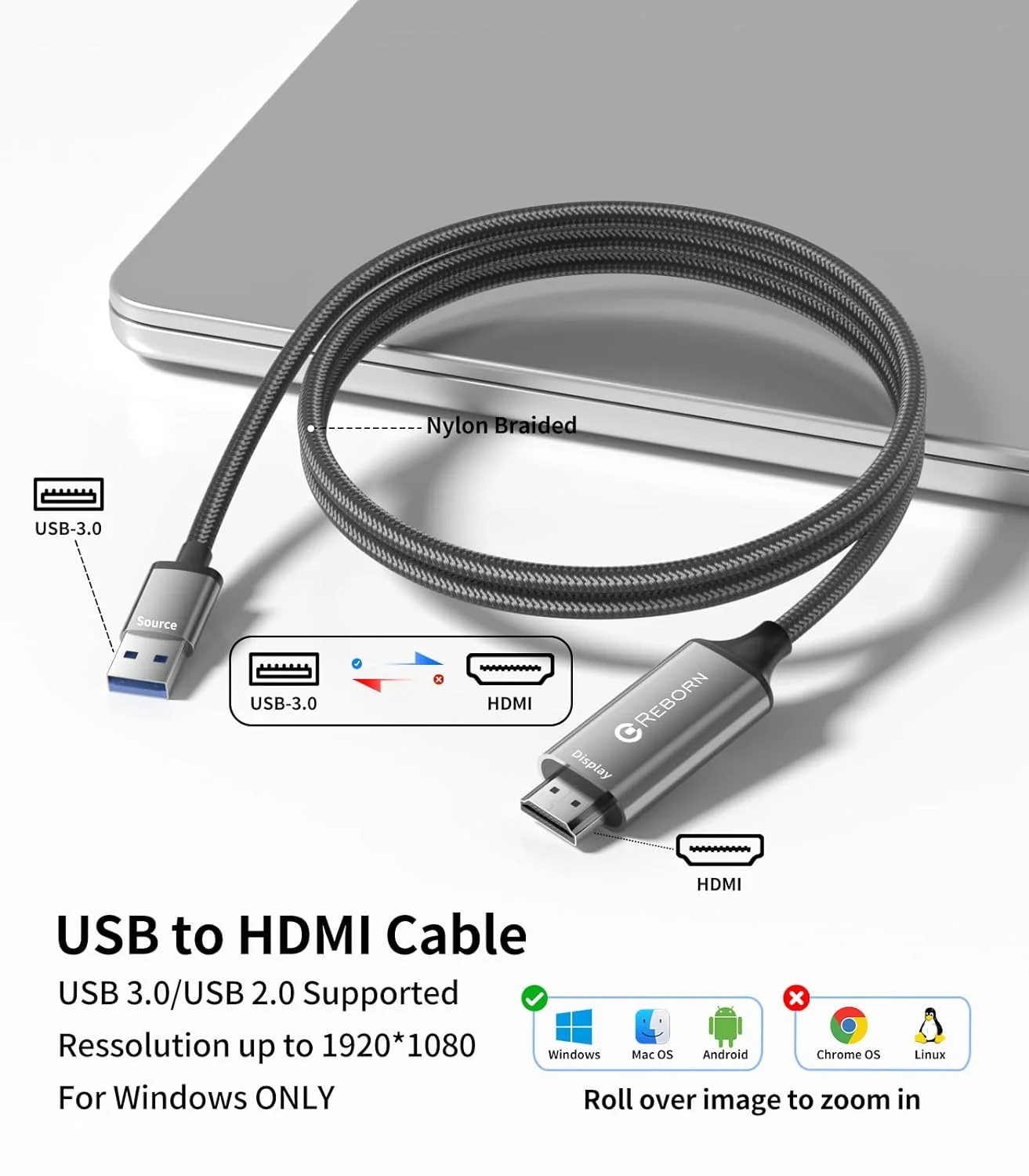 کابل تبدیل USB به HDMI طول 3 متر، 1080P@60Hz، مبدل کابل USB 3.0 به HDMI با قابلیت چند نمایشگر، مناسب برای سیستم عامل های Macos Windows 7/8/10/11 - نصب درایور مورد نیاز است