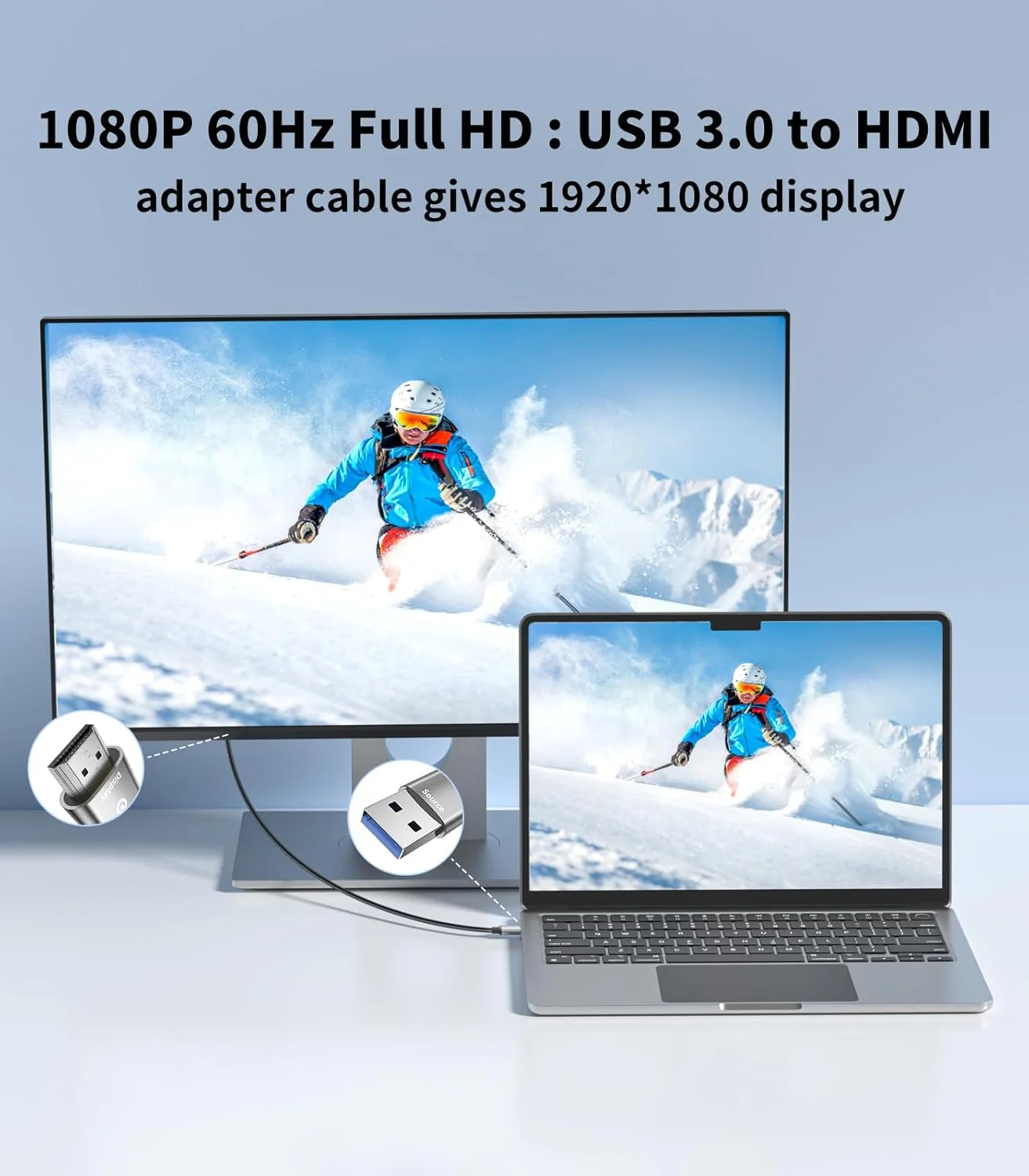 کابل تبدیل USB به HDMI طول 3 متر، 1080P@60Hz، مبدل کابل USB 3.0 به HDMI با قابلیت چند نمایشگر، مناسب برای سیستم عامل های Macos Windows 7/8/10/11 - نصب درایور مورد نیاز است