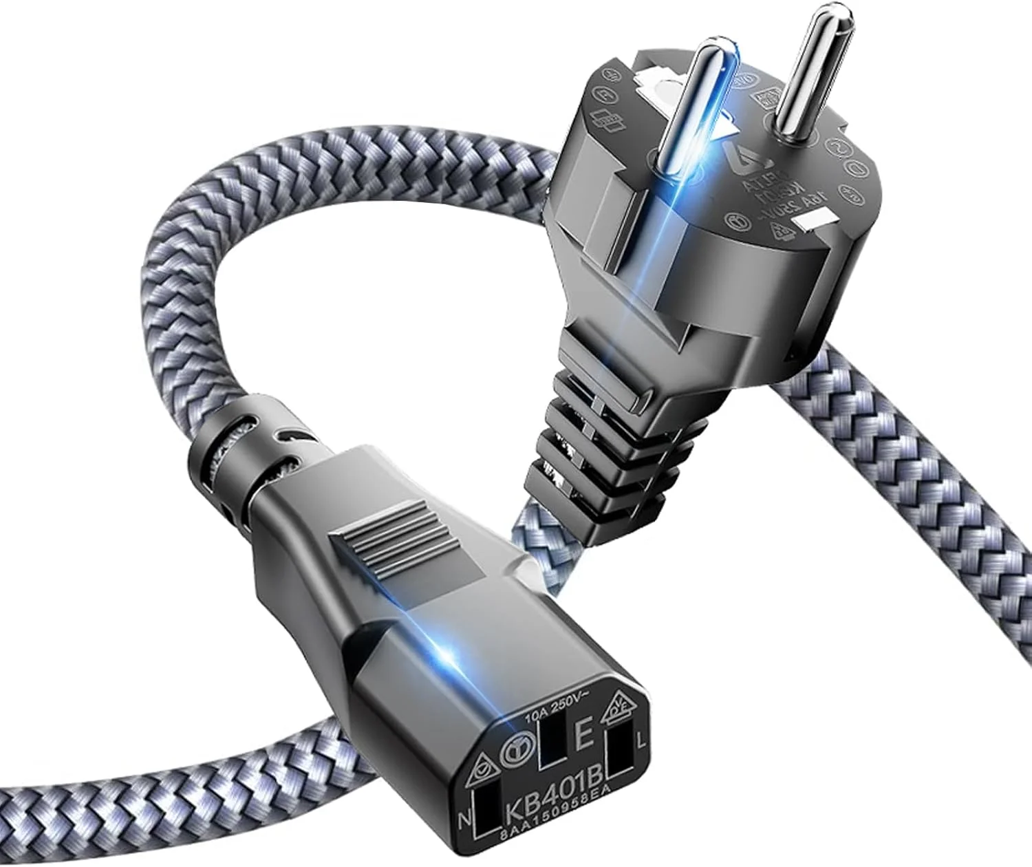 سیم برق اروپایی، سیم برق جایگزین یورویی بافته شده نایلونی Goalfish (CEE 7/7 به IEC60320 C13) با VED برای مانیتور، کامپیوتر، اسکنر، تلویزیون، پرینتر، مسافرت و موارد دیگر - 2 متر