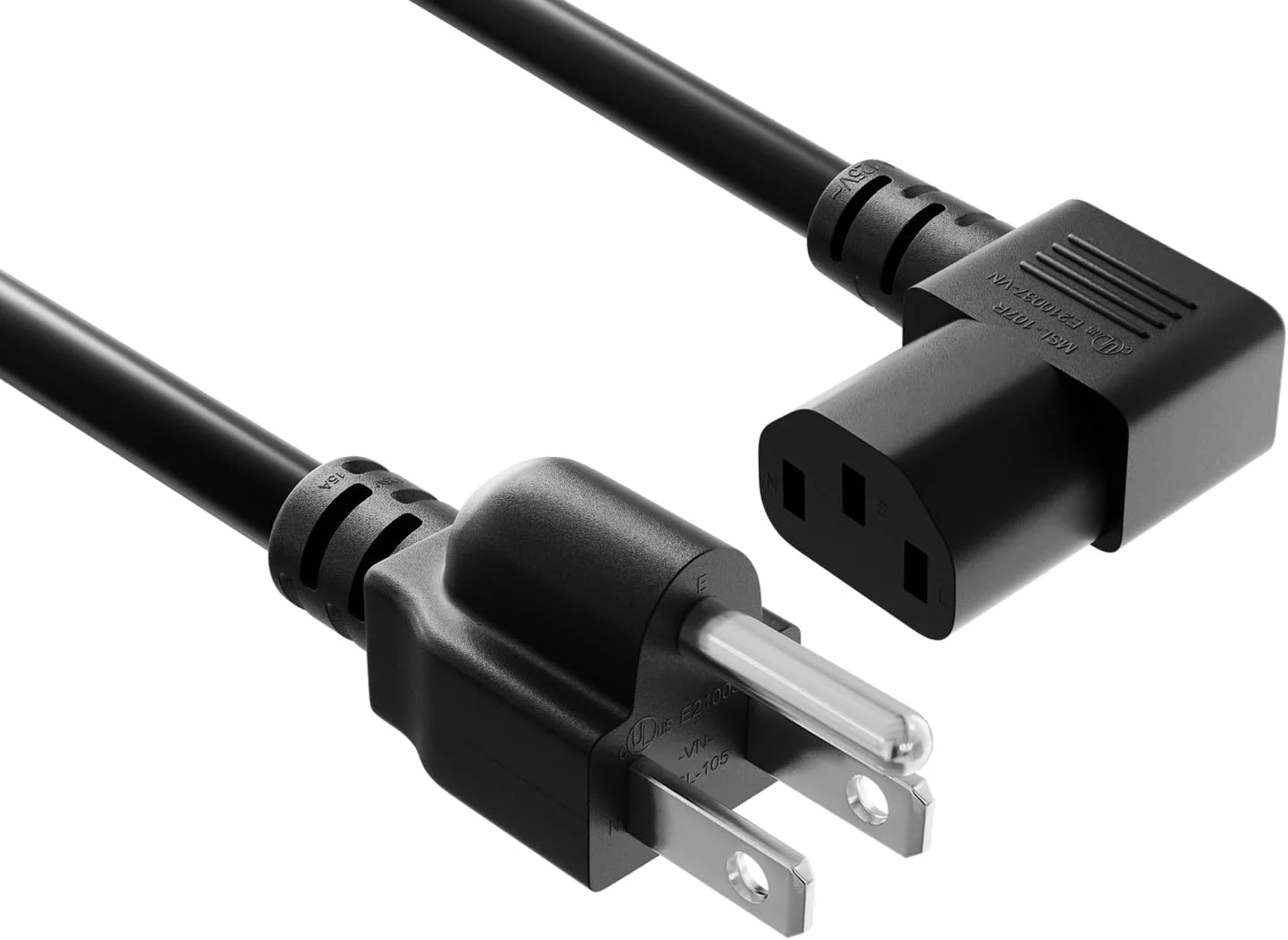 کابل برق زاویه دار یونیورسال 90 سانتی متری 18 AWG NEMA 5-15P به IEC320 C13R، کابل برق کامپیوتر سنگین، زاویه راست برای تلویزیون، کامپیوتر، پرینتر، دارای گواهی UL، مشکی
