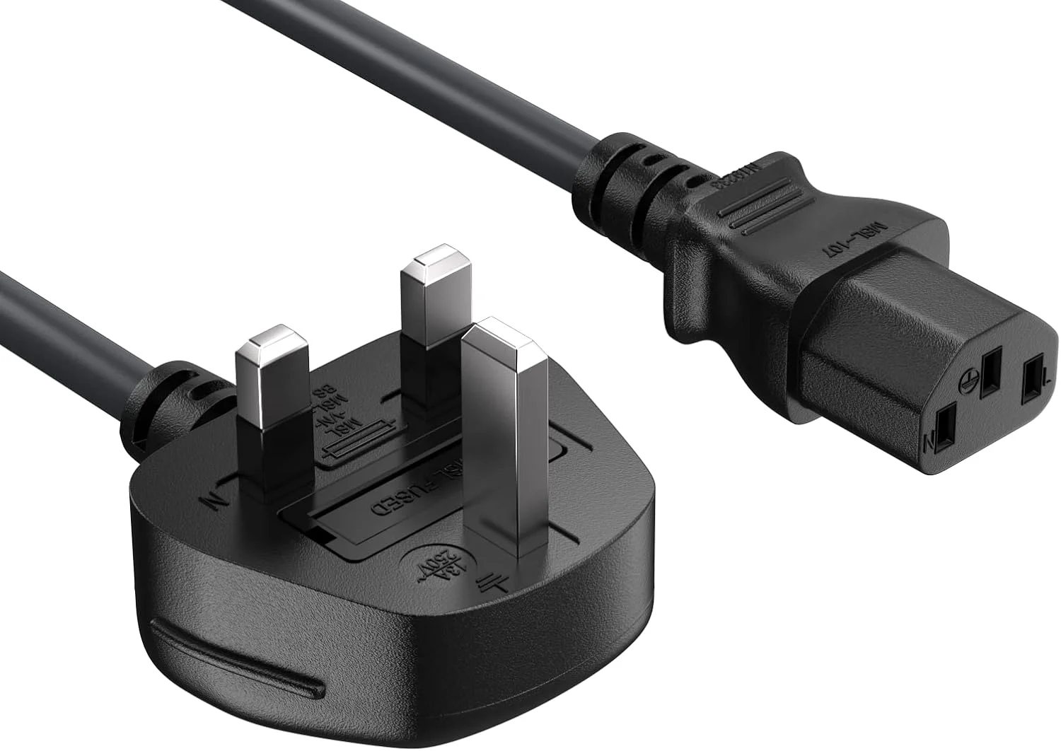 کابل برق 1.8 متری IEC320 C13 به BS1363 انگلستان با فیوز 18AWG 13A/250V، مناسب برای کامپیوترها، مانیتورها، اسکنرها، پرینترها، دوشاخه نوع G سه پین بریتانیا، مشکی