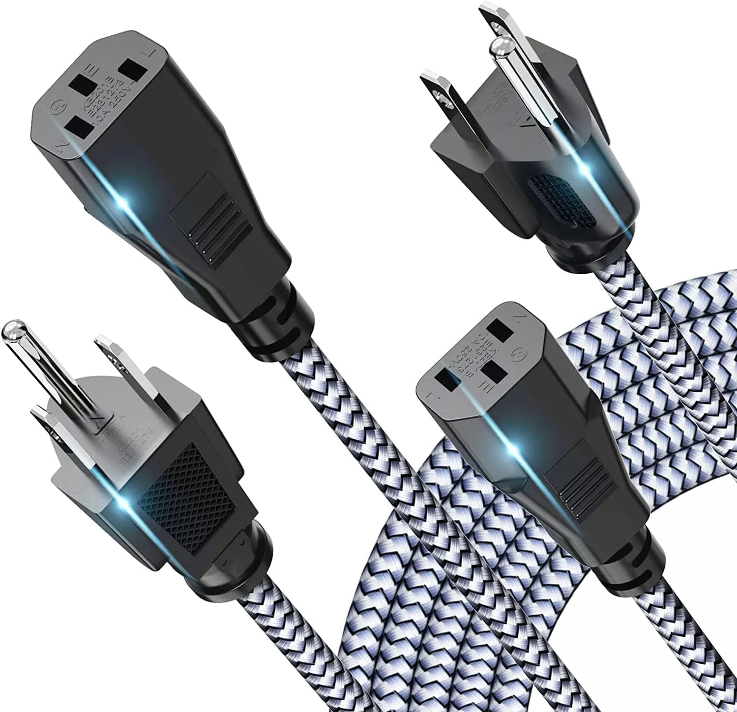 سیم برق، Goalfish [2 متری، 2 عدد] کابل برق AC 10 آمپر 250 ولت با روکش نایلونی بافته شده، سیم برق 3 شاخه 18AWG جایگزین، کابل های برق 3 پین دارای گواهی UL برای کامپیوتر، تلویزیون، مانیتور، چاپگر، PC، پروژکتور