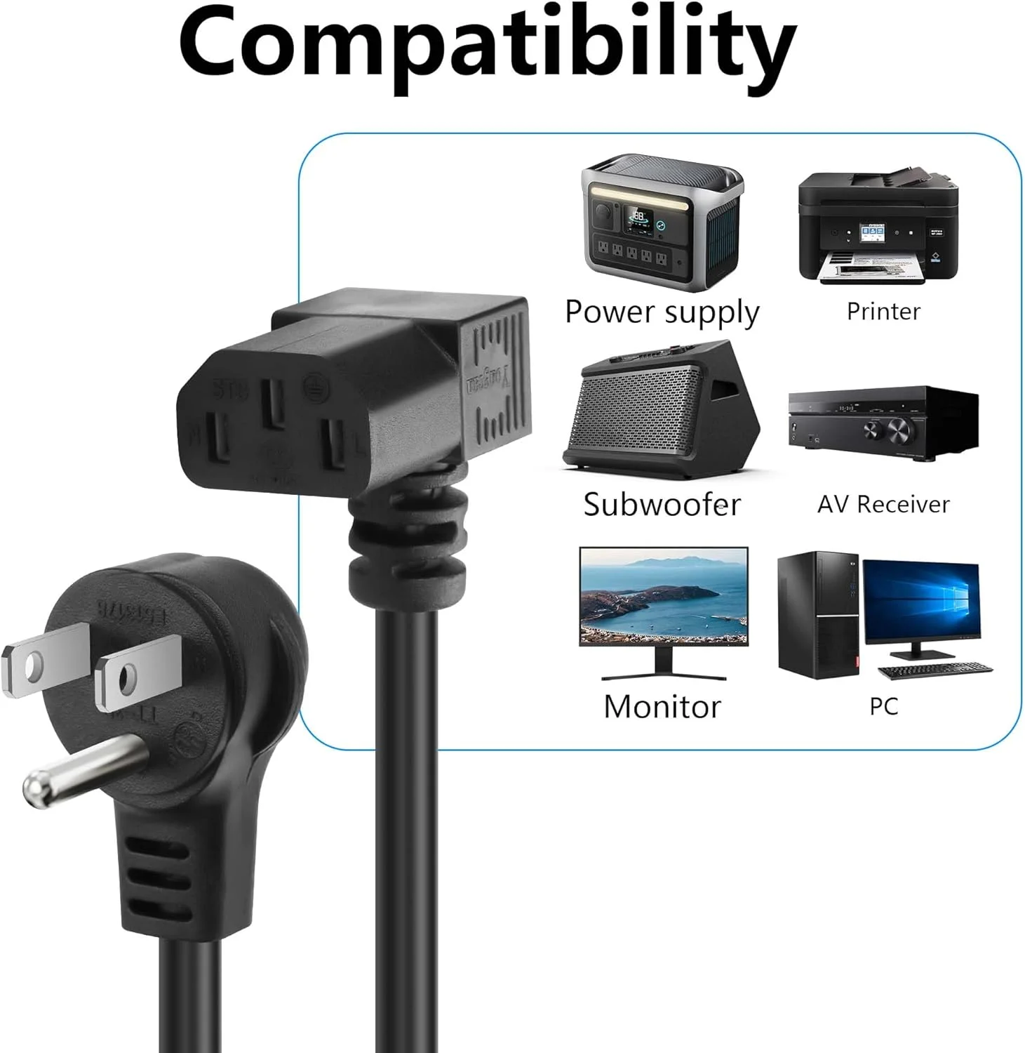 کابل برق 1.2 متری NEMA 5-15P به IEC 320 C13 با زاویه پایین، 18AWG، 10 آمپر/250 ولت، کابل برق AC سه شاخه برای تلویزیون، کامپیوتر، پرینتر، رادیو، مانیتور، لپ تاپ و غیره - تصویر 2