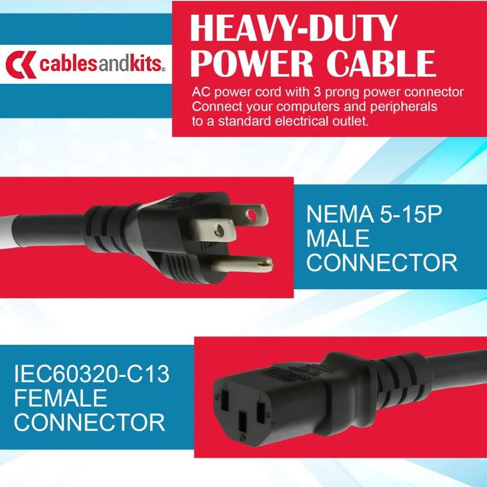 کابل برق سنگین AC با طول 3 متر - کابل برق جایگزین 3 شاخه، 15 آمپر/125 ولت، 14 AWG، NEMA 5-15P به IEC-60320-C13 - کابل AC سه سیم برای رایانه شخصی، مانیتور و دستگاه های ایستگاه کاری - تصویر 2