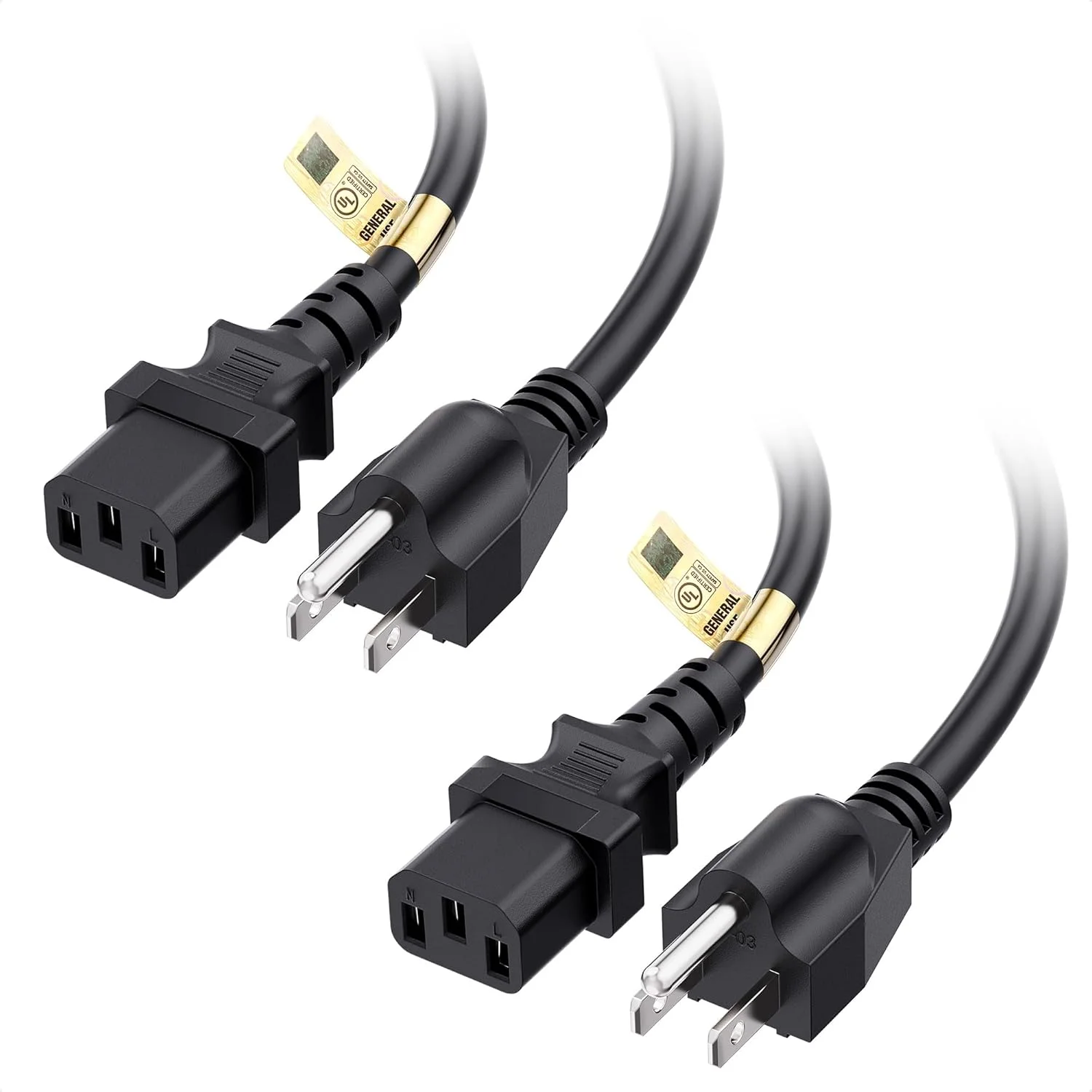 کابل برق کامپیوتر 3 پین Cable Matters [دارای تاییدیه UL] - بسته 2 عددی، گیج 16 AWG، طول 3 متر، کابل برق جایگزین مانیتور 13 آمپر، کابل AC، NEMA 5-15P به IEC C13، مشکی