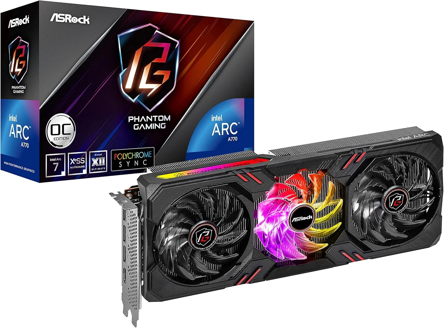 کارت گرافیک Asrock Intel Arc A770 Phantom Gaming D 8GB OC، با 8 گیگابایت حافظه DDR6، PCIe4، HDMI، 3 پورت DP، فرکانس 2200 مگاهرتز، خنک کننده 0dB، نورپردازی RGB و قابلیت اورکلاک