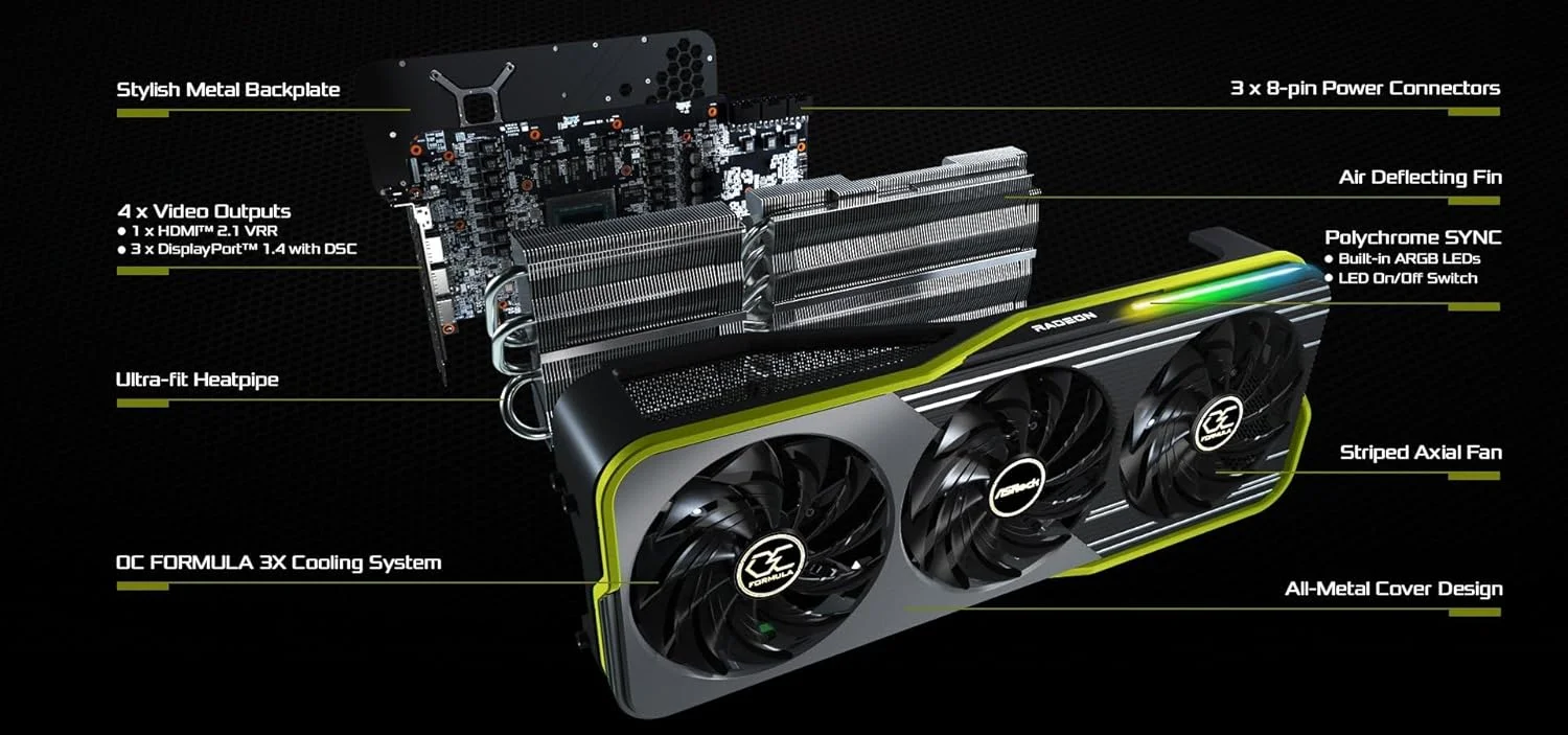 کارت گرافیک ASRock AMD Radeon™ RX 6900 XT OC Formula 16GB 256 bit GDDR6 با 3 پورت DisplayPort™ 1.4 با DSC / 1 پورت HDMI™ 2.1 VRR 7680 x 4320 خنک کننده بی صدا 0dB Super Alloy