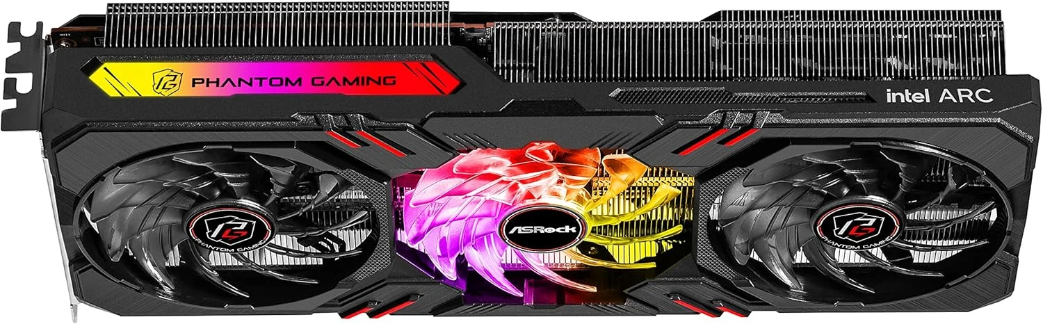 کارت گرافیک Asrock Intel Arc A770 Phantom Gaming D 8GB OC، با 8 گیگابایت حافظه DDR6، PCIe4، HDMI، 3 پورت DP، فرکانس 2200 مگاهرتز، خنک کننده 0dB، نورپردازی RGB و قابلیت اورکلاک
