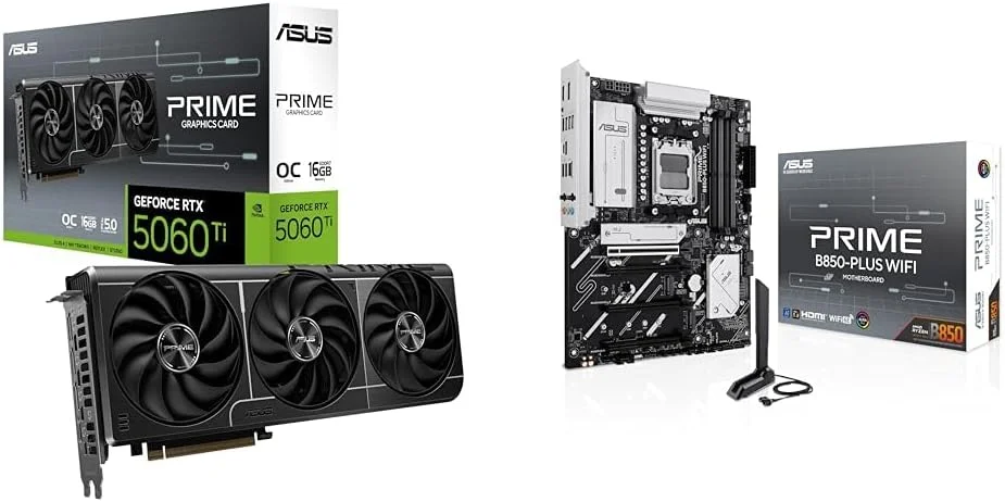 بسته کارت گرافیک ایسوس The SFF-Ready Prime GeForce RTX™ 5060 Ti 16GB GDDR7 OC Edition + مادربرد ایسوس Prime B850-PLUS WiFi AMD AM5 AMD ATX، DDR5، PCIe 5.0 Ready، 3X M.2، Wi-Fi 6E، 2.5Gb LAN