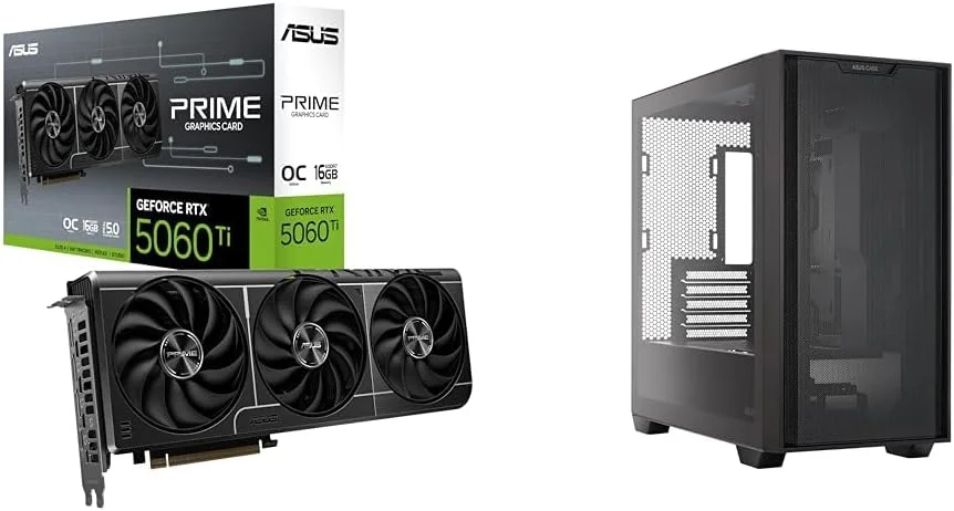 باندل کارت گرافیک ایسوس Prime GeForce RTX™ 5060 Ti 16GB GDDR7 OC Edition به همراه کیس Micro-ATX ایسوس A21 Black Edition با پنل جلویی مشبک متخلخل، سازگار با کانکتور مخفی BTF