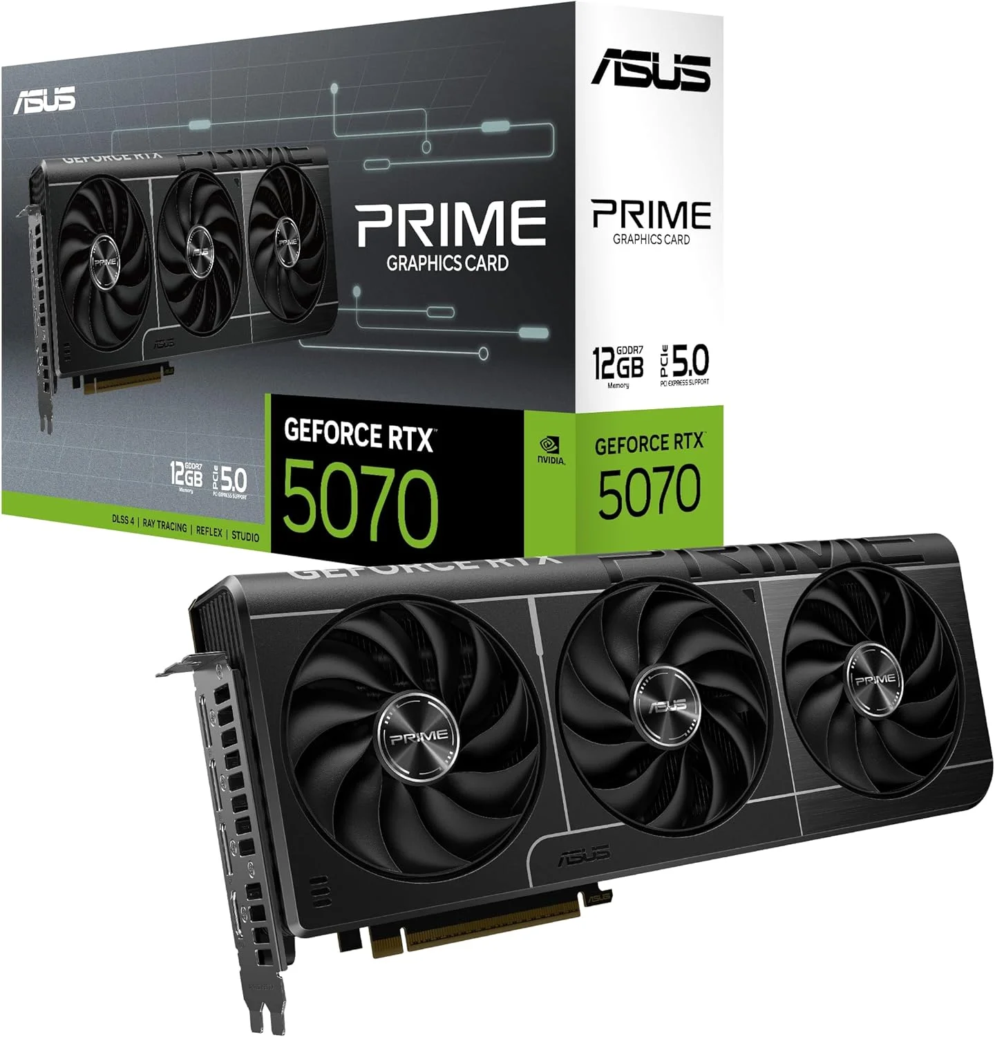 کارت گرافیک ایسوس Prime RTX 5070 با 12 گیگابایت حافظه GDDR7 (PCIe® 5.0, 12GB GDDR7, HDMI®/DP 2.1, 2.5-Slot, فن های Axial-tech، بایوس دوگانه)
