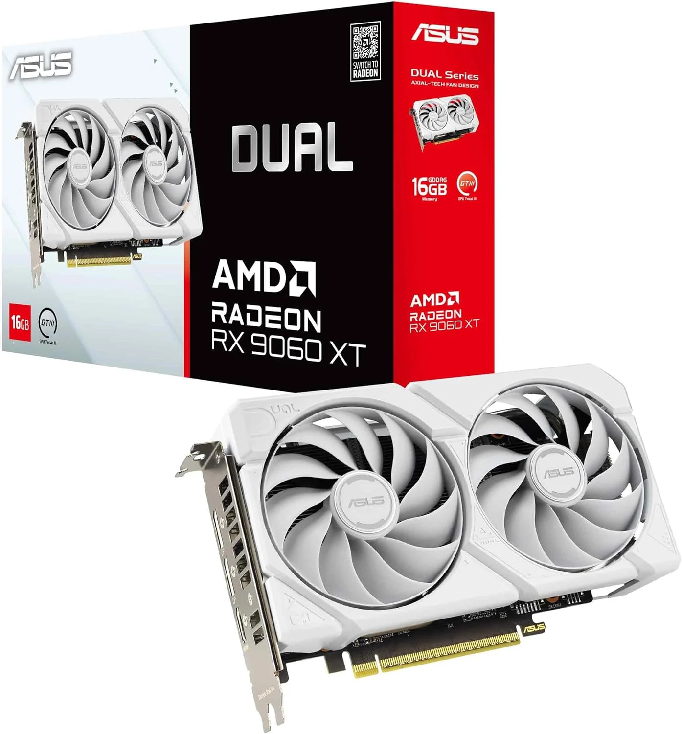 کارت گرافیک گیمینگ سفید ASUS Dual Radeon RX9060XT 16G GDDR6 (AMD Radeon RX9060XT، معماری AMD RDNA 4، طراحی 2.5 اسلات، بایوس دوگانه، PCIe 5.0، 1x HMDI 2.1b، 2X DisplayPort 2.1a، سفید)
